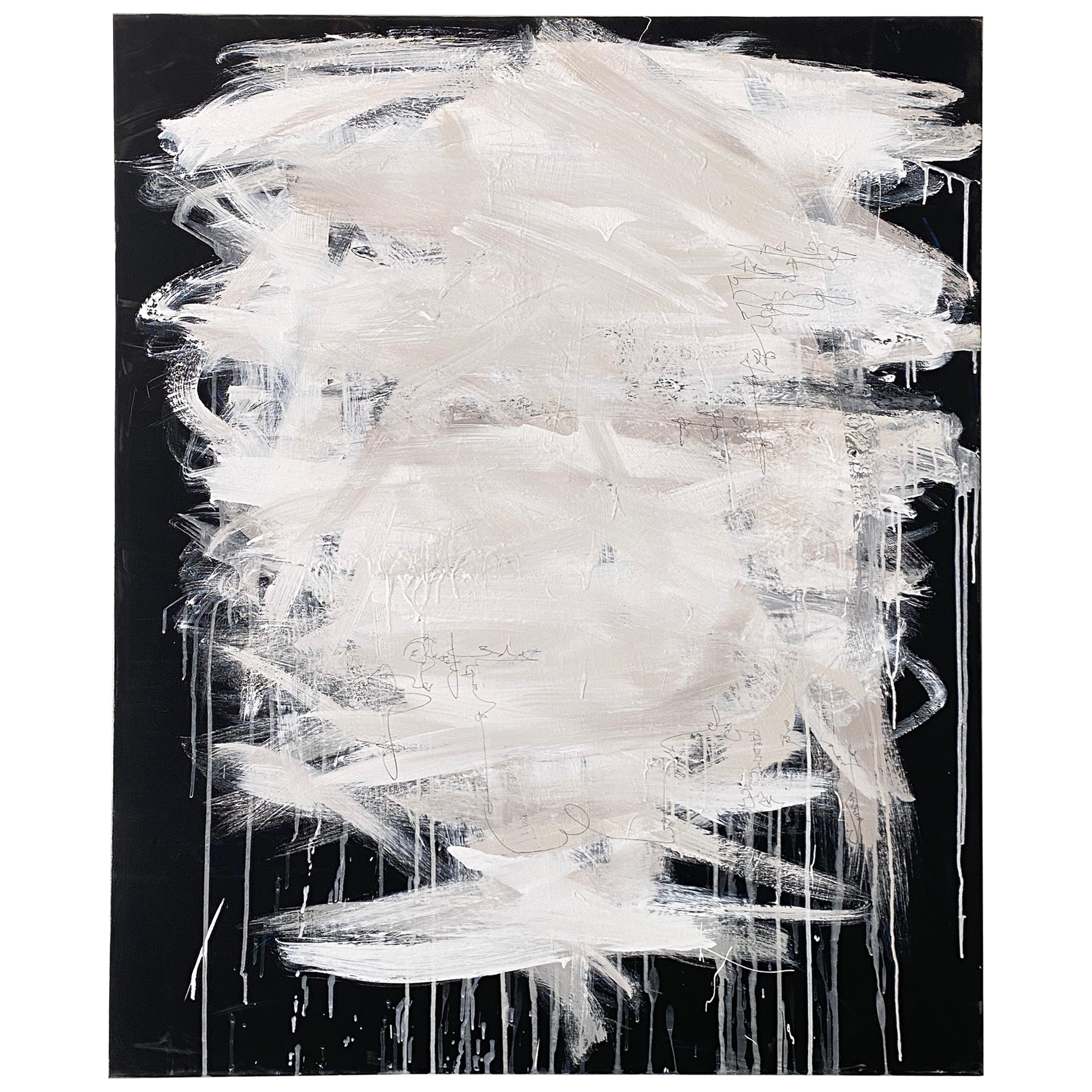 Contemporary Modern Abstract White and Black Acrylic Painting on Canvas