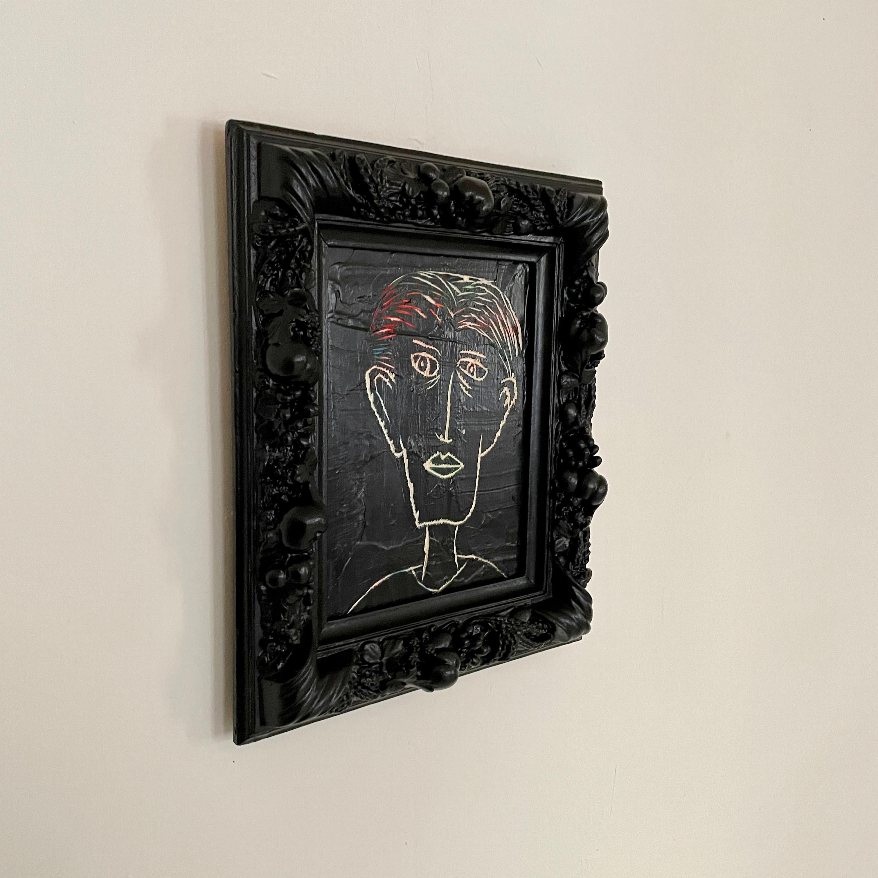 Hand-Painted Contemporary Modern Acrylic Black Painting on Wood Framed in an Old Frame