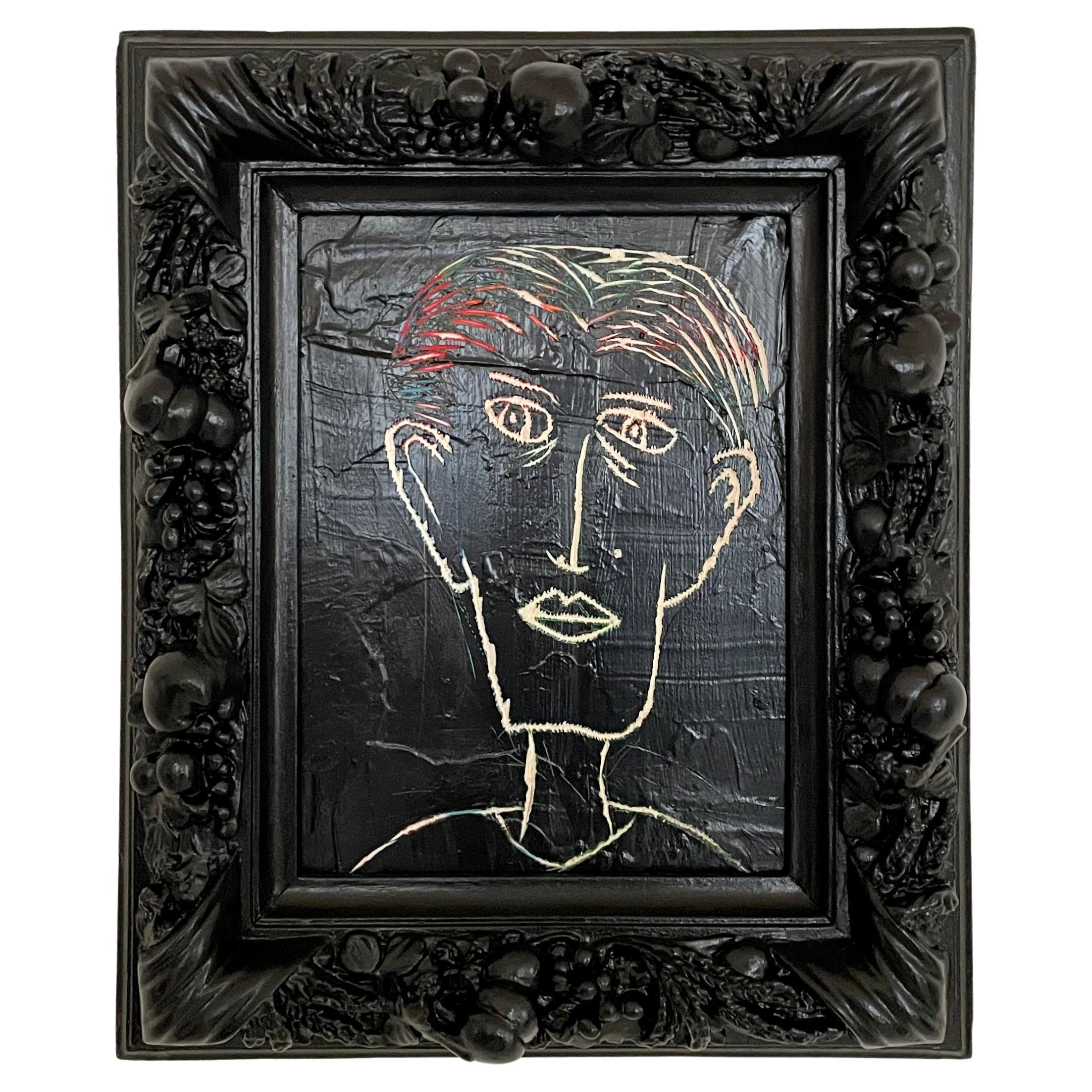 Contemporary Modern Acrylic Black Painting on Wood Framed in an Old Frame