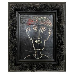 Peinture acrylique noire moderne contemporaine et contemporaine sur bois encadrée dans un ancien cadre