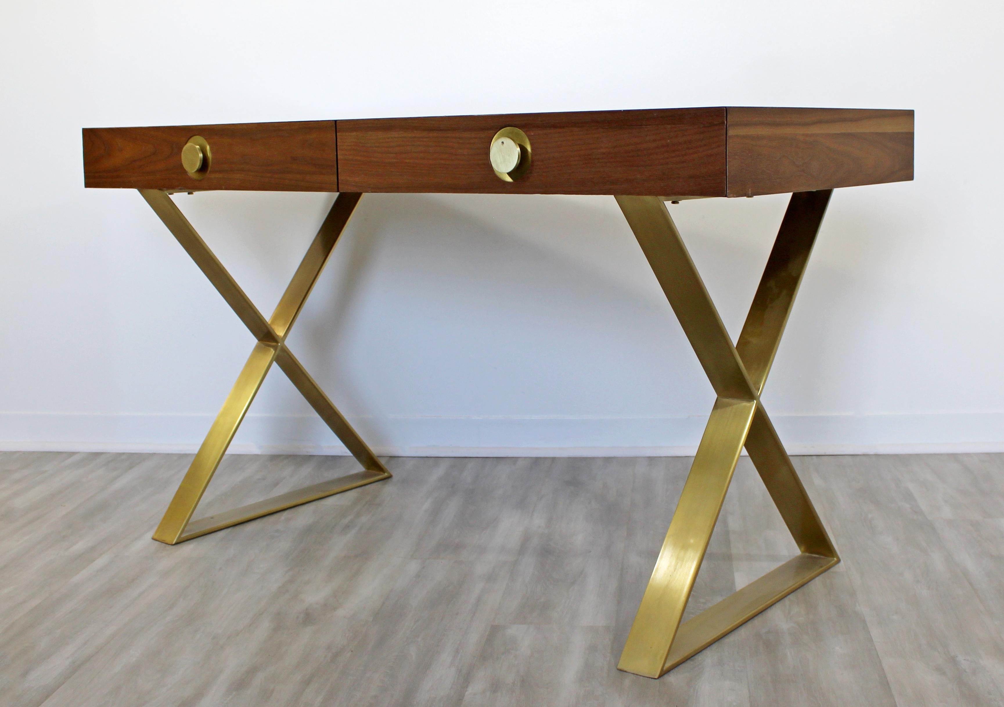 Contemporary Modern Adler Channing Wood Laminate Brass X Base Campaign Desk In Good Condition In Keego Harbor, MI