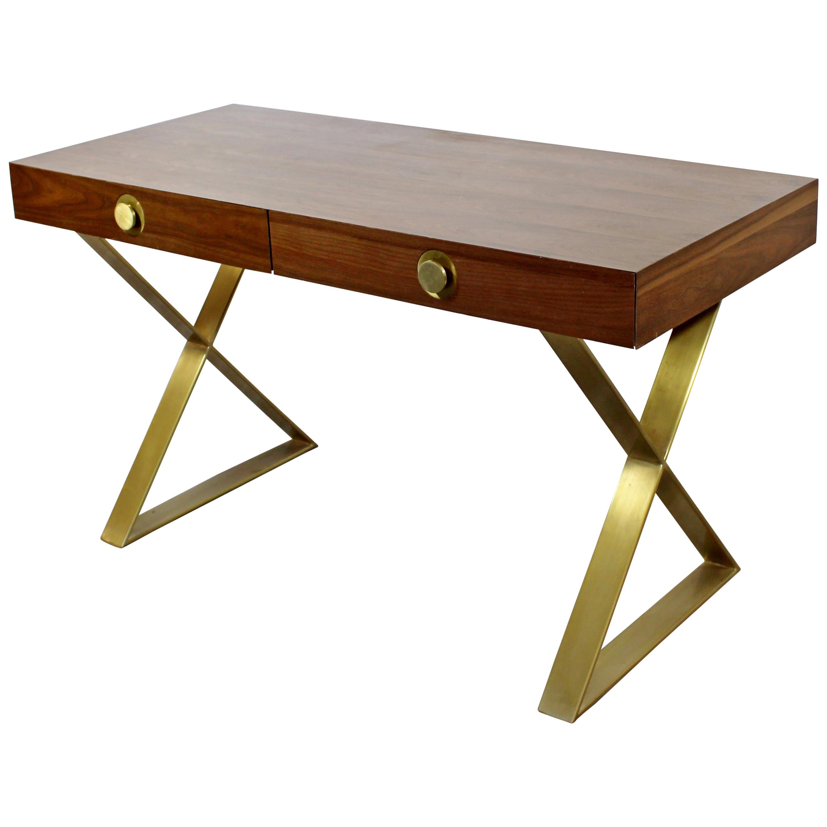 Contemporary Modern Adler Channing Wood Laminate Brass X Base Campaign Desk