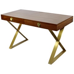 Contemporary Modern Adler Channing Wood Laminate Brass X Base Campaign Desk