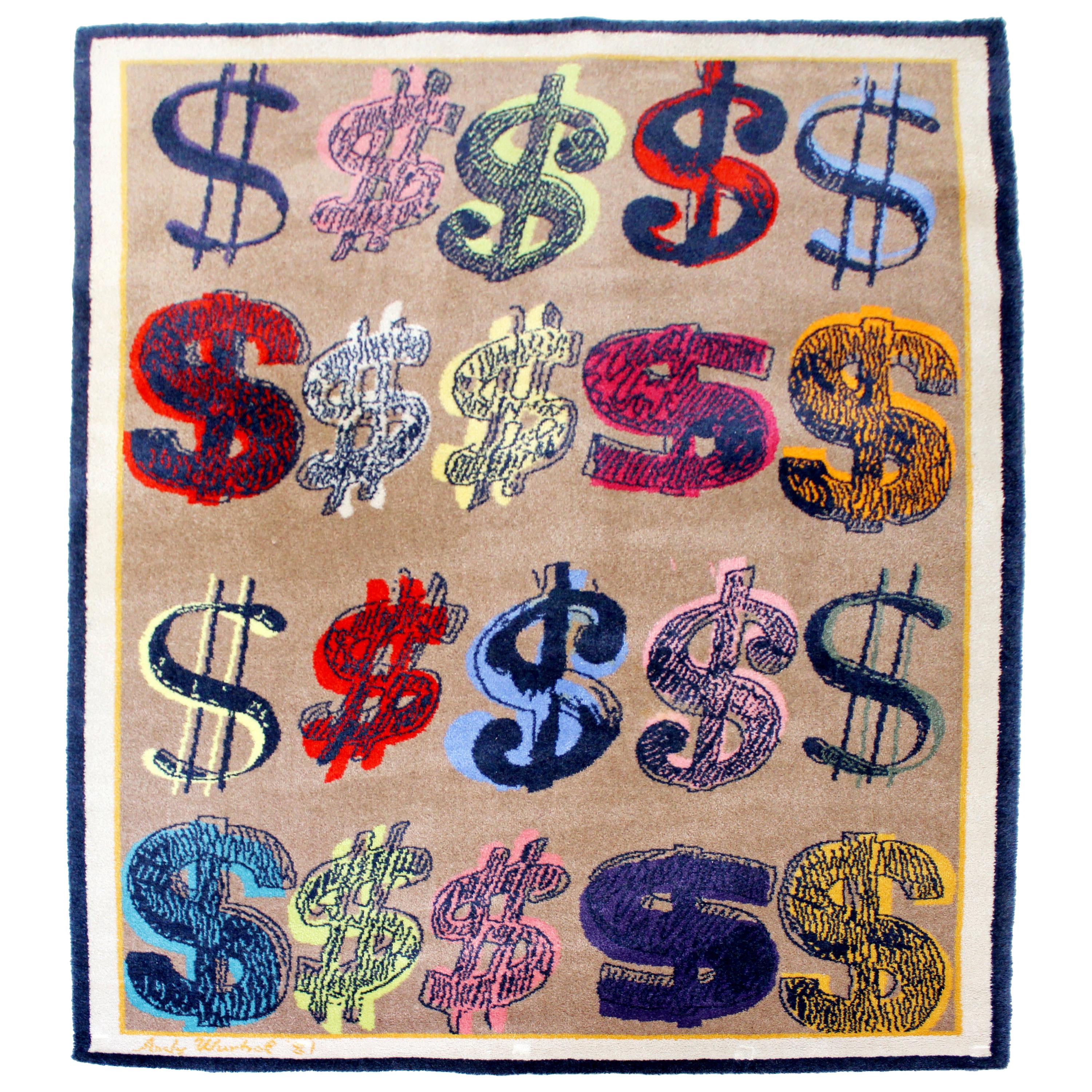 Contemporary Modern Andy Warhol Dollar Signs Signed Area Rug Carpet Dated 1981