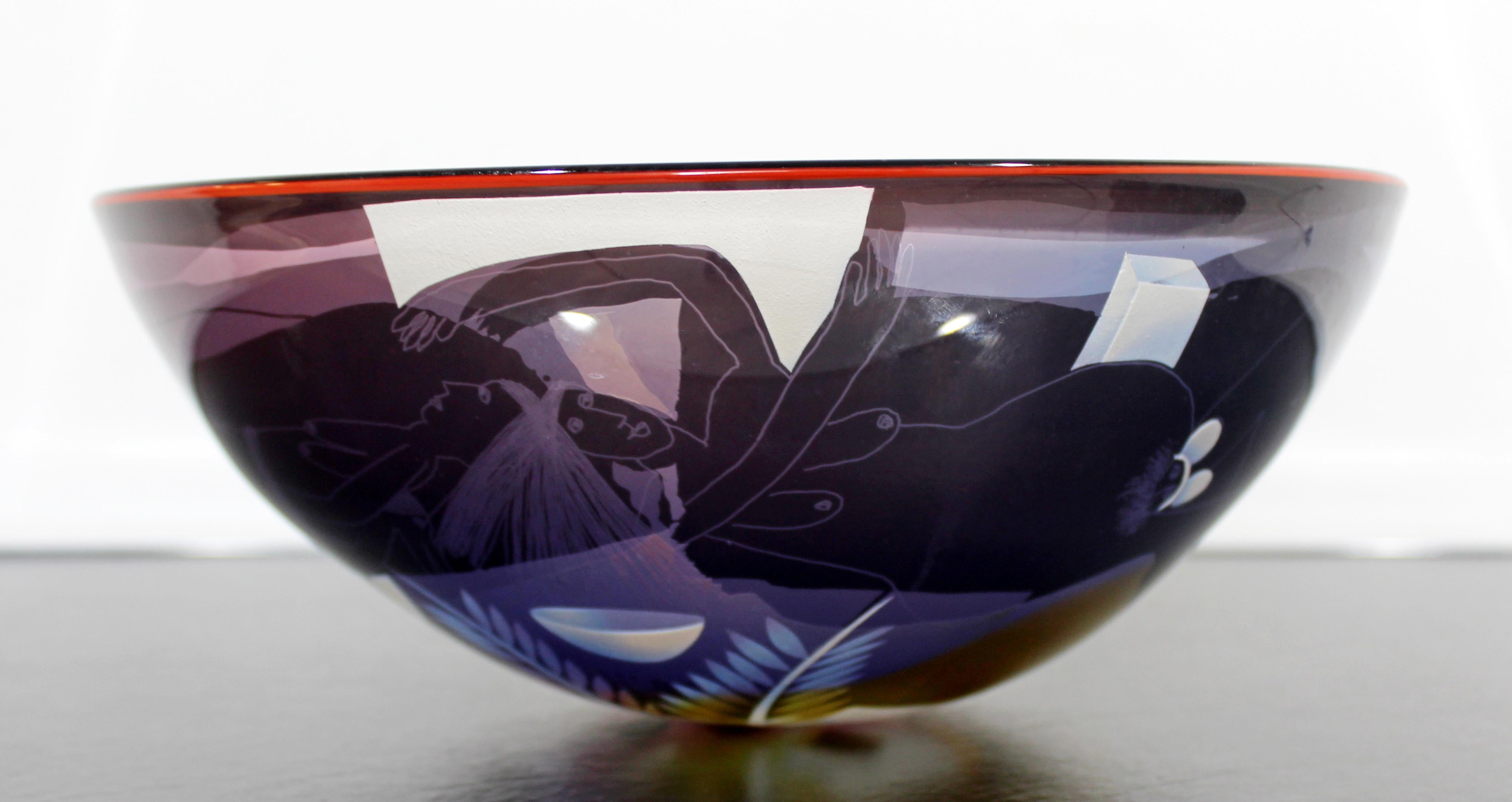 Blown Glass Contemporary Modern Ann Warff Wolff Signed Textured Art Glass Centerpiece Bowl