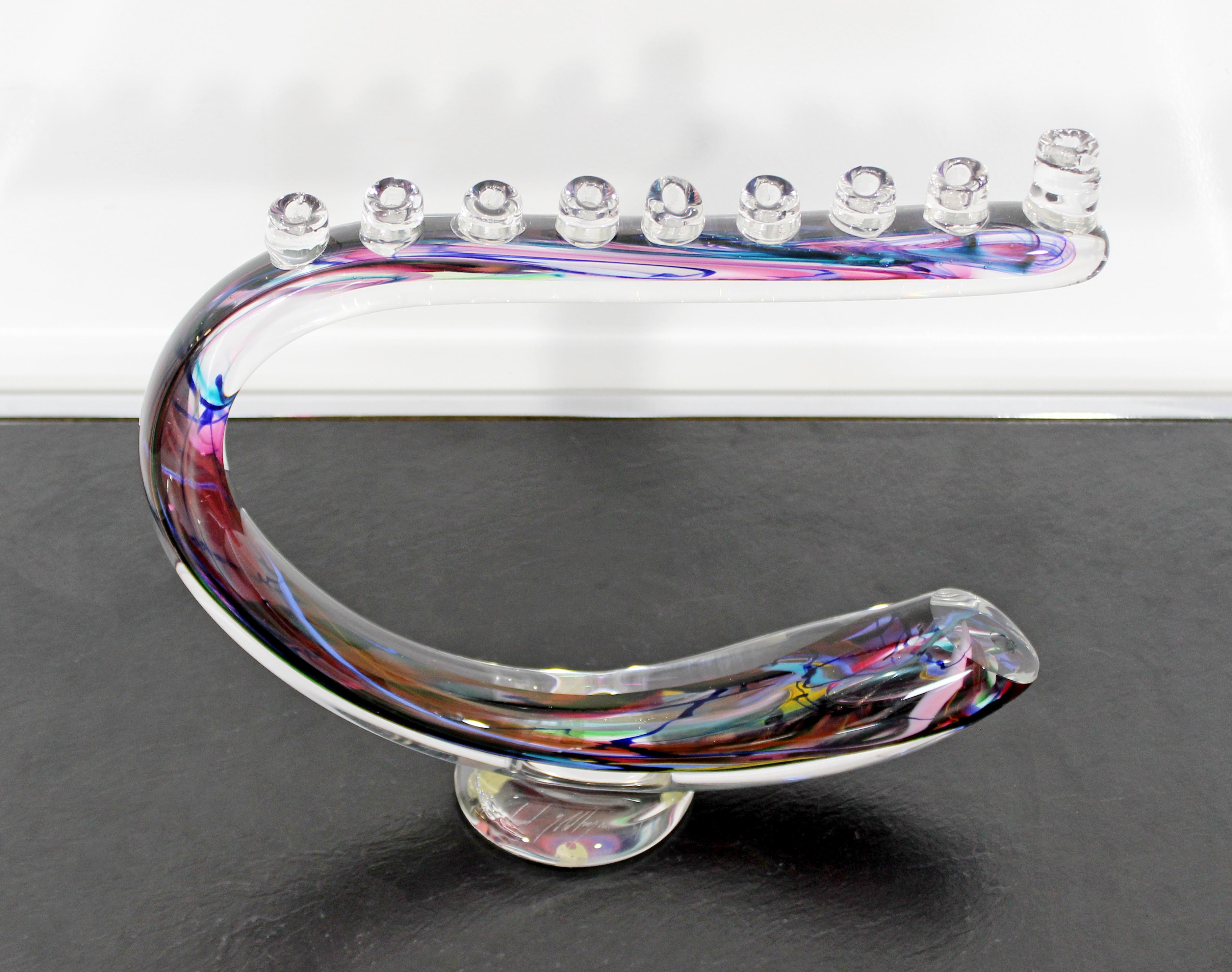 For your consideration is a magnificently beautiful, studio crafted art glass menorah, shaped like and entitled 