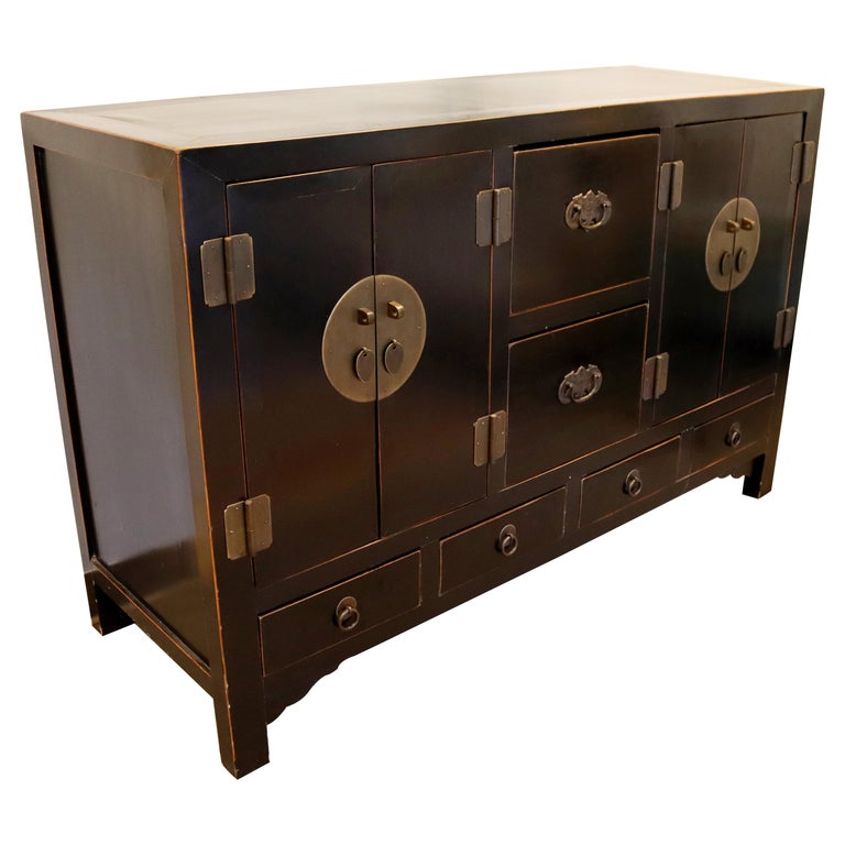 Contemporary Modern Asian Style Black Lacquer Sideboard Credenza