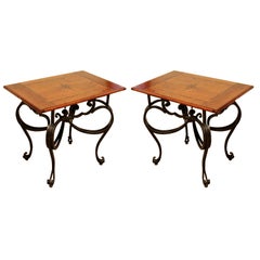 Used Contemporary Modern Baker Pair of Wood Topped Metal Side End Tables 1990s
