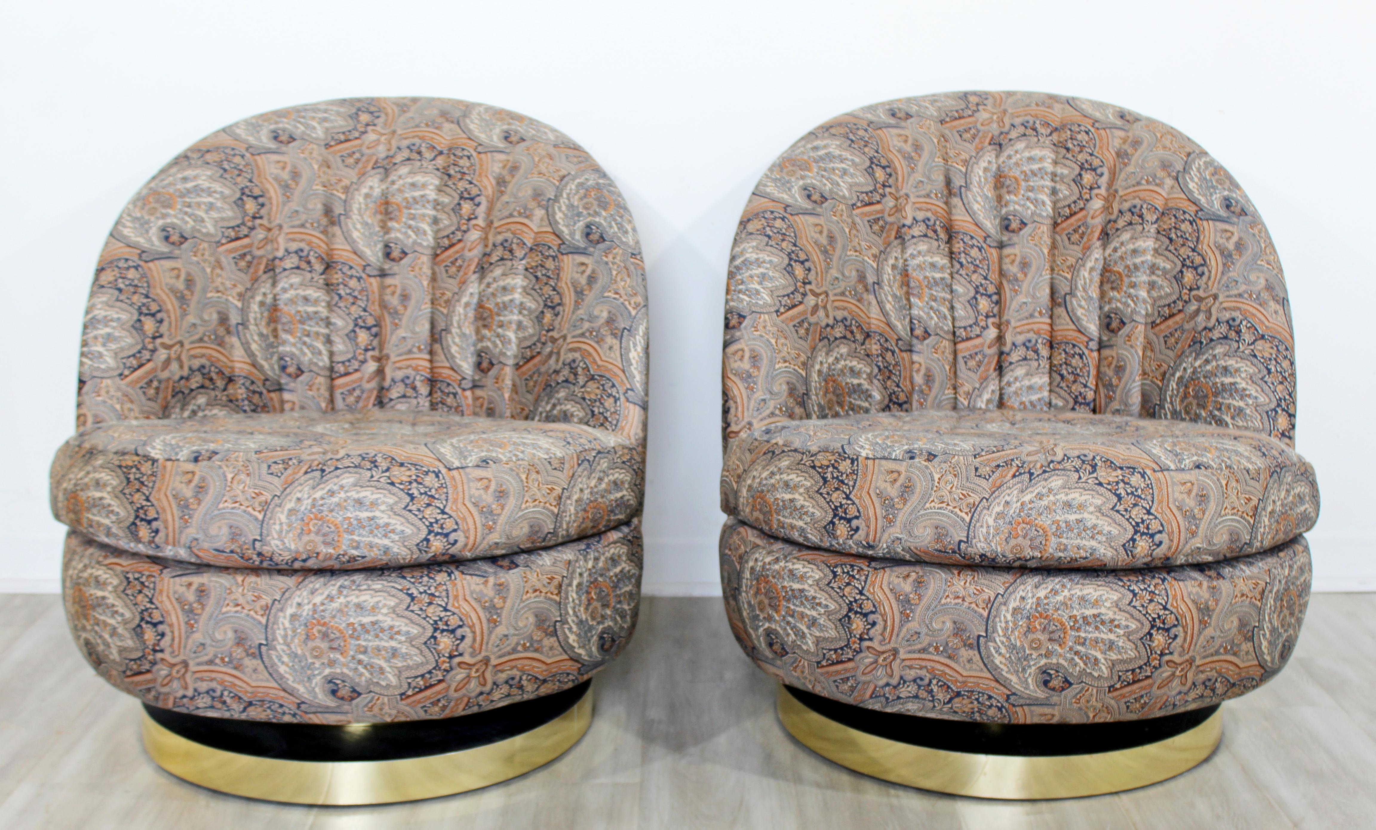 Brass Contemporary Modern Baughman Thayer Coggin Pair Curved Swivel Lounge Chairs 80s
