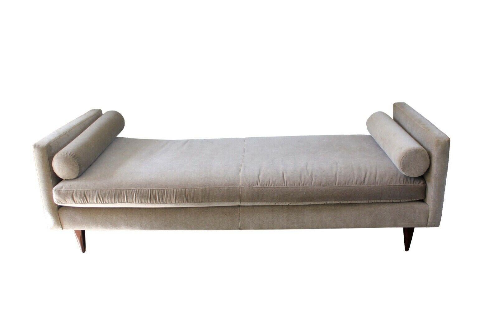 For your consideration is this long comfortable upholstered chaise by Baker with a pair of matching bolster pillows. Dimensions: 83 W x 35 D x 27 H.