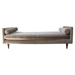 Contemporary Modern Beige Upholstered Long Baker Chaise w/ Bolster Pillows