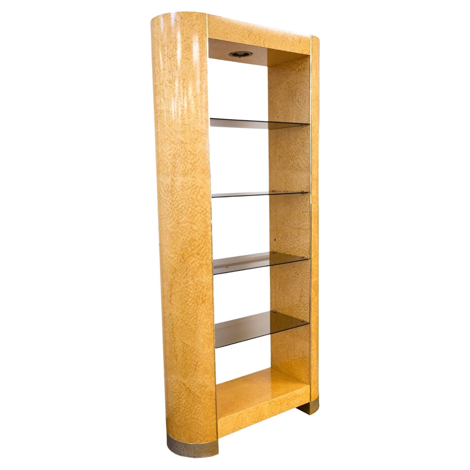 Contemporary Modern Birdseye Maple Etagere with Smoked Glass Brass For Sale