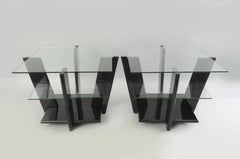 Contemporary Modern Black Lacquer & Glass 3 Tier Space Age End Tables - a Pair