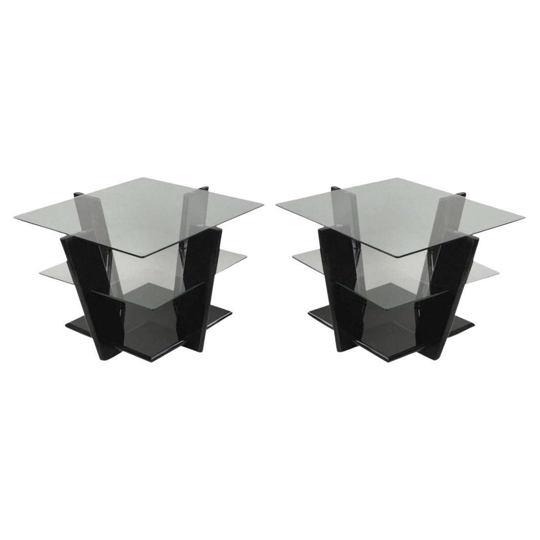 Contemporary Modern Black Lacquer 
Glass 3 Tier Space Age End Tables - a Pair
