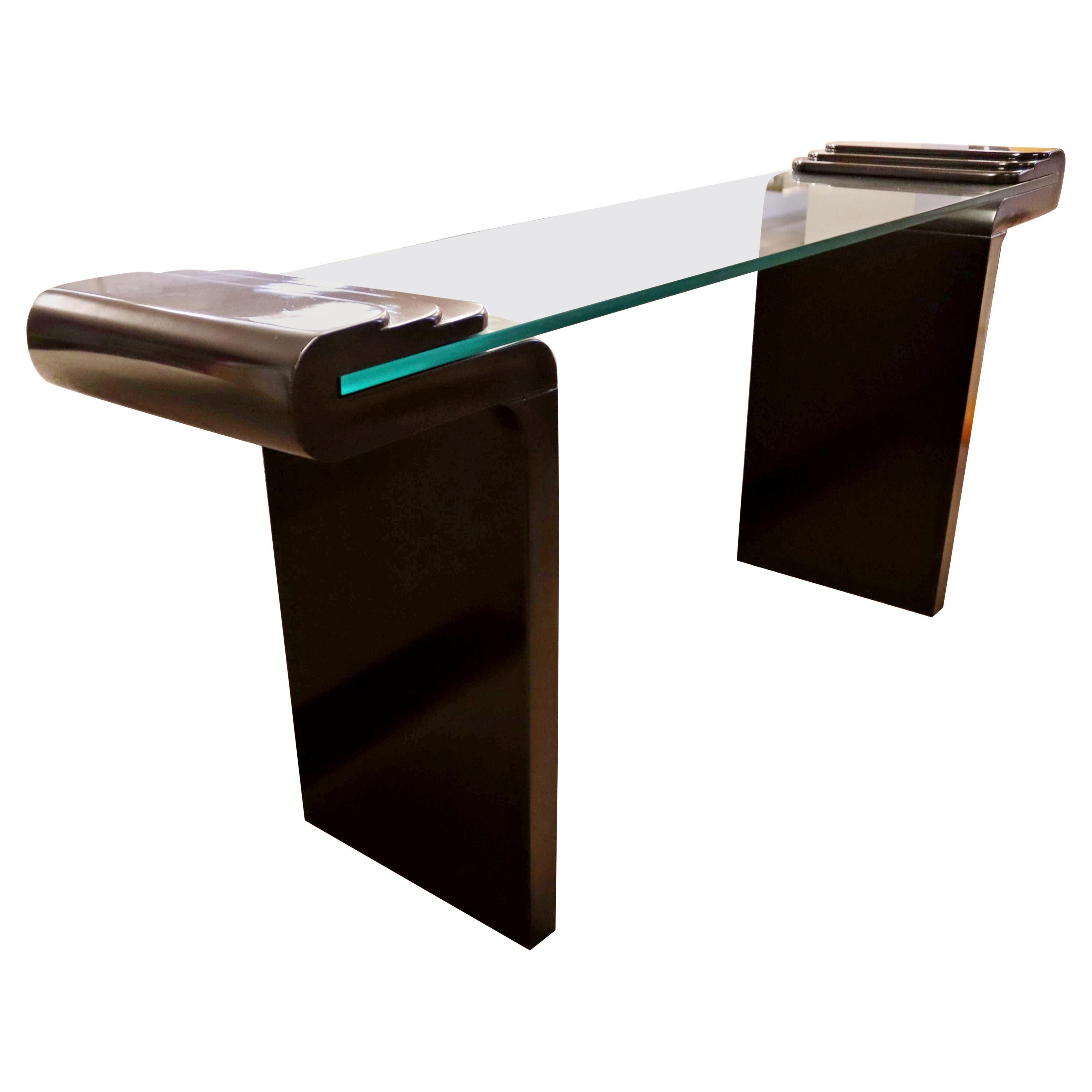 Contemporary Modern Black Lacquer & Glass Curved Console Table, 1980s