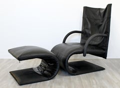 Contemporary Modern Black Leather Chair & Ottoman Brisson Zen Ligne Roset, 1980s