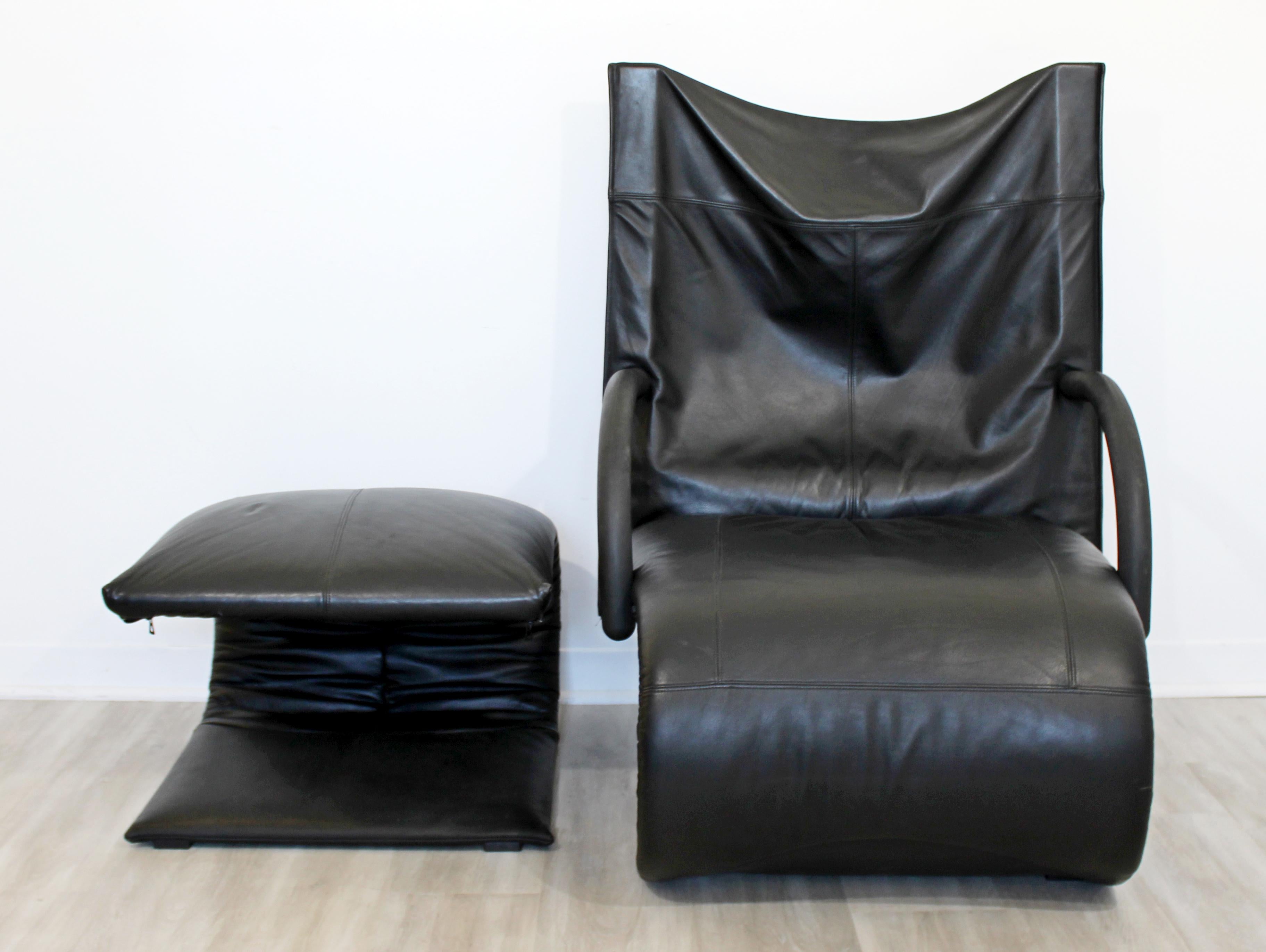 Contemporary Modern Black Leather Chair & Ottoman Brisson Zen Ligne Roset, 1980s In Good Condition In Keego Harbor, MI