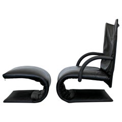 Contemporary Modern Black Leather Chair & Ottoman Brisson Zen Ligne Roset, 1980s
