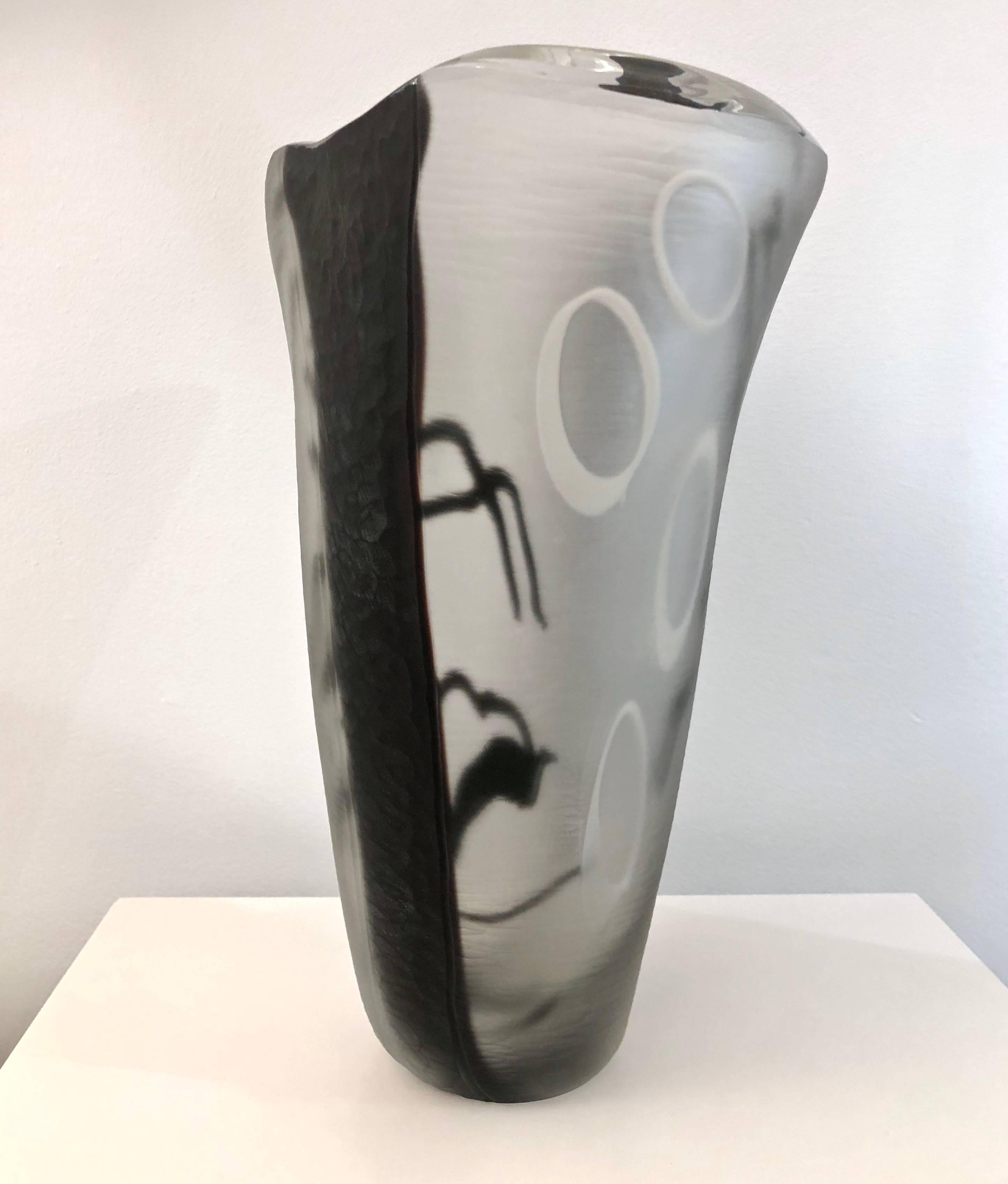 Italian Contemporary Modern Black White and Crystal Clear Murano Glass Sculptural Vase