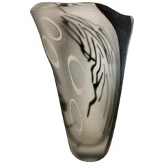 Contemporary Modern Black White and Crystal Clear Murano Glass Sculptural Vase