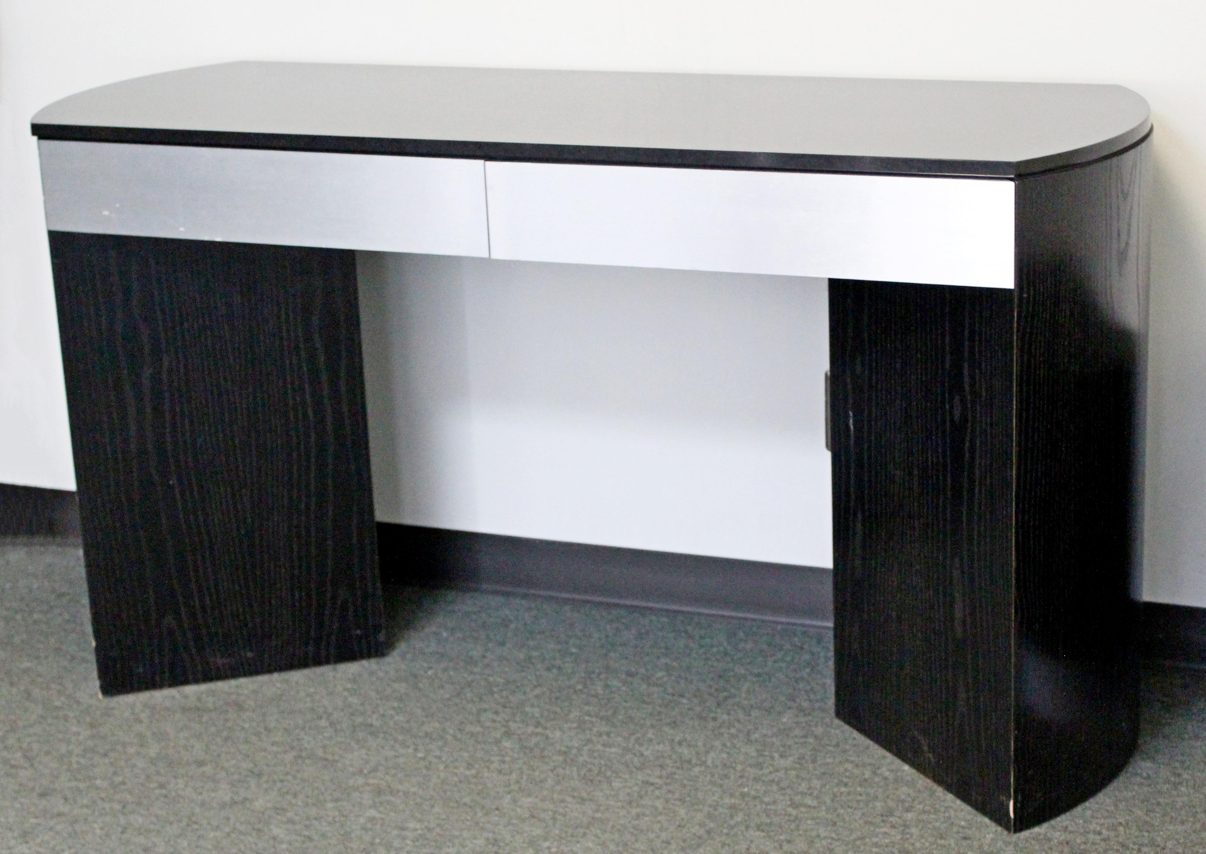 American Contemporary Modern Black Wood Granite Topped Console Table with 2 Drawers 1980s
