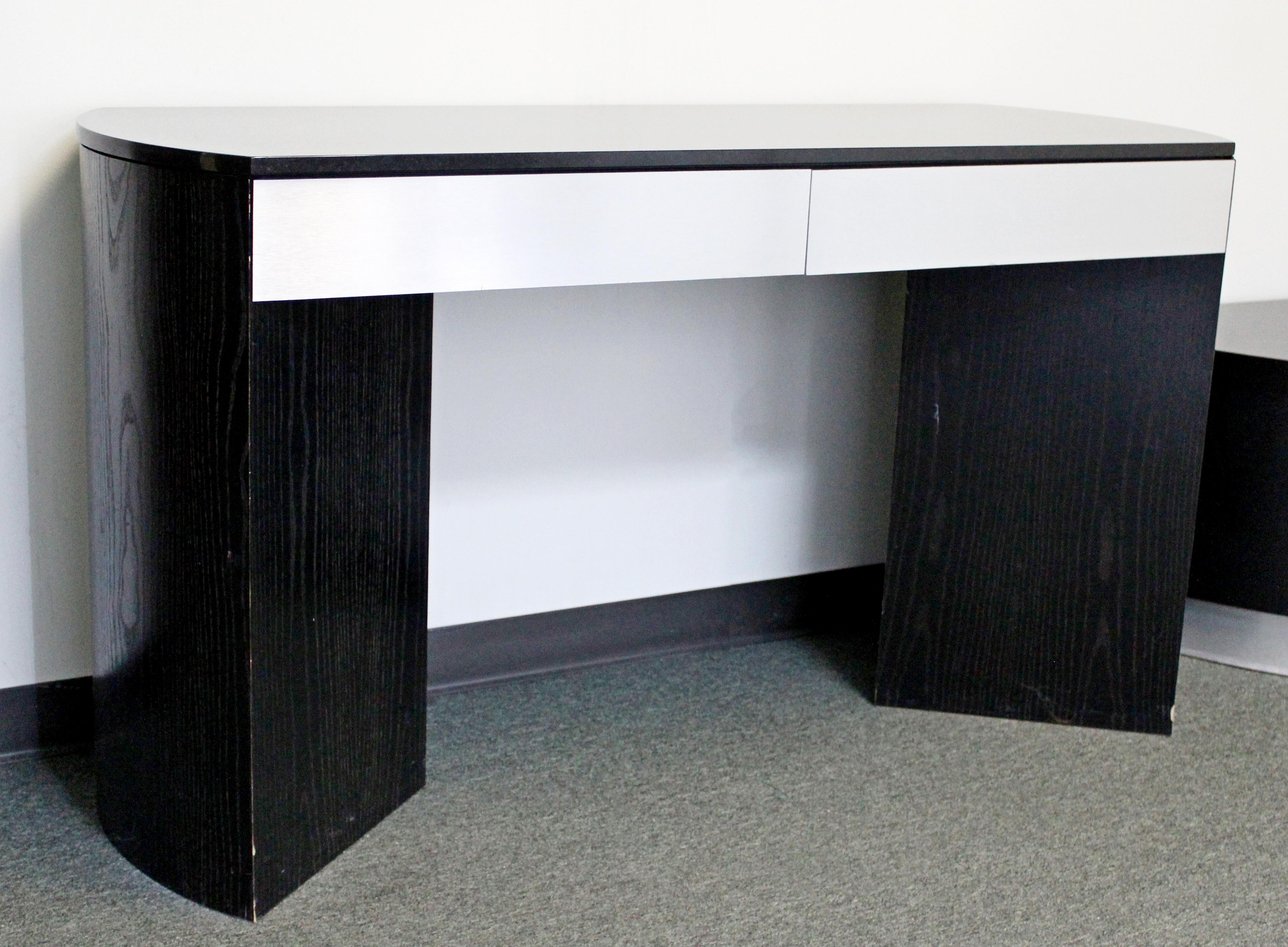 Contemporary Modern Black Wood Granite Topped Console Table with 2 Drawers 1980s In Good Condition In Keego Harbor, MI