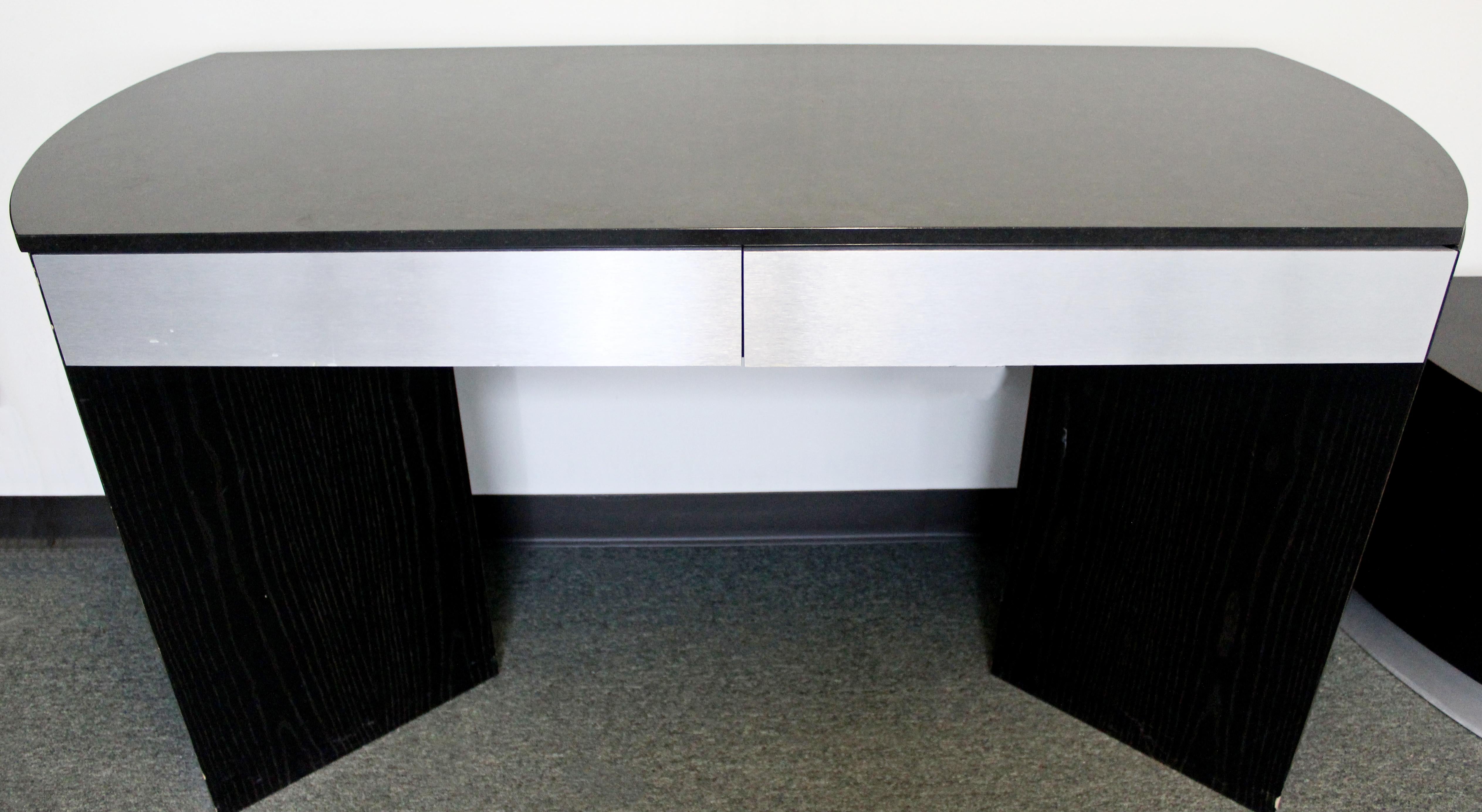Contemporary Modern Black Wood Granite Topped Console Table with 2 Drawers 1980s 1