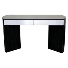 Contemporary Modern Black Wood Granite Topped Console Table with 2 Drawers 1980s