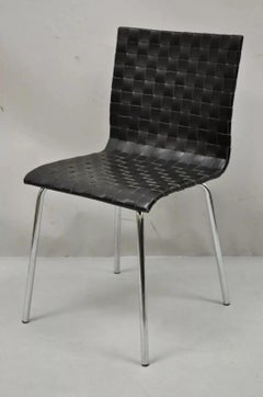 Contemporary Modern Black Woven Leather Chrome Frame Dining Chairs - Set of 4