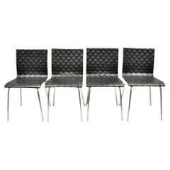 Sillas de Comedor Modernas Contemporáneas de Cuero Negro Tejido y Estructura Cromada - Juego de 4