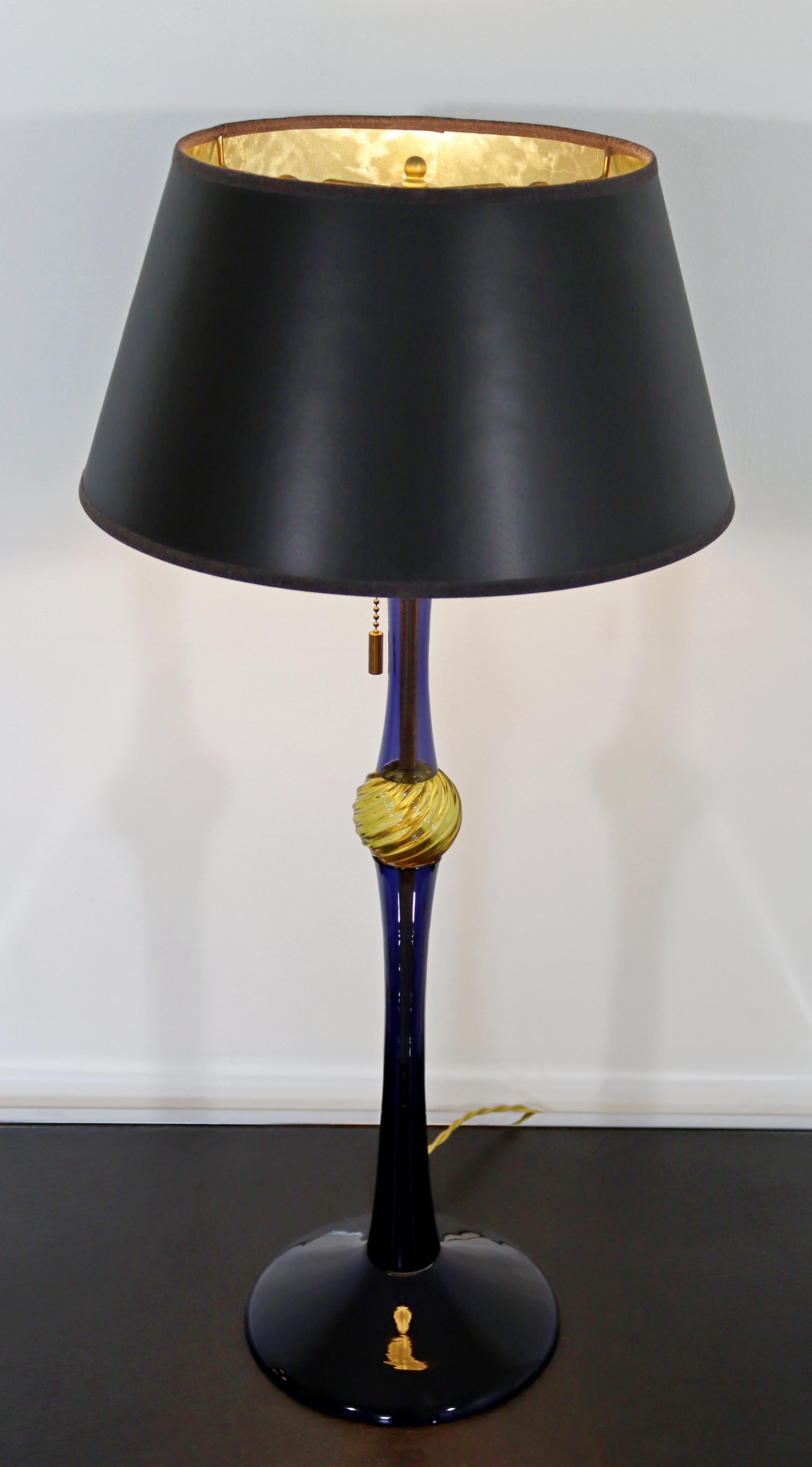 For your consideration is a phenomenal, blue and yellow glass table lamp, signed on the base by John Hutton, circa the 1980s. In excellent vintage condition. The dimensions of the lamp are 7