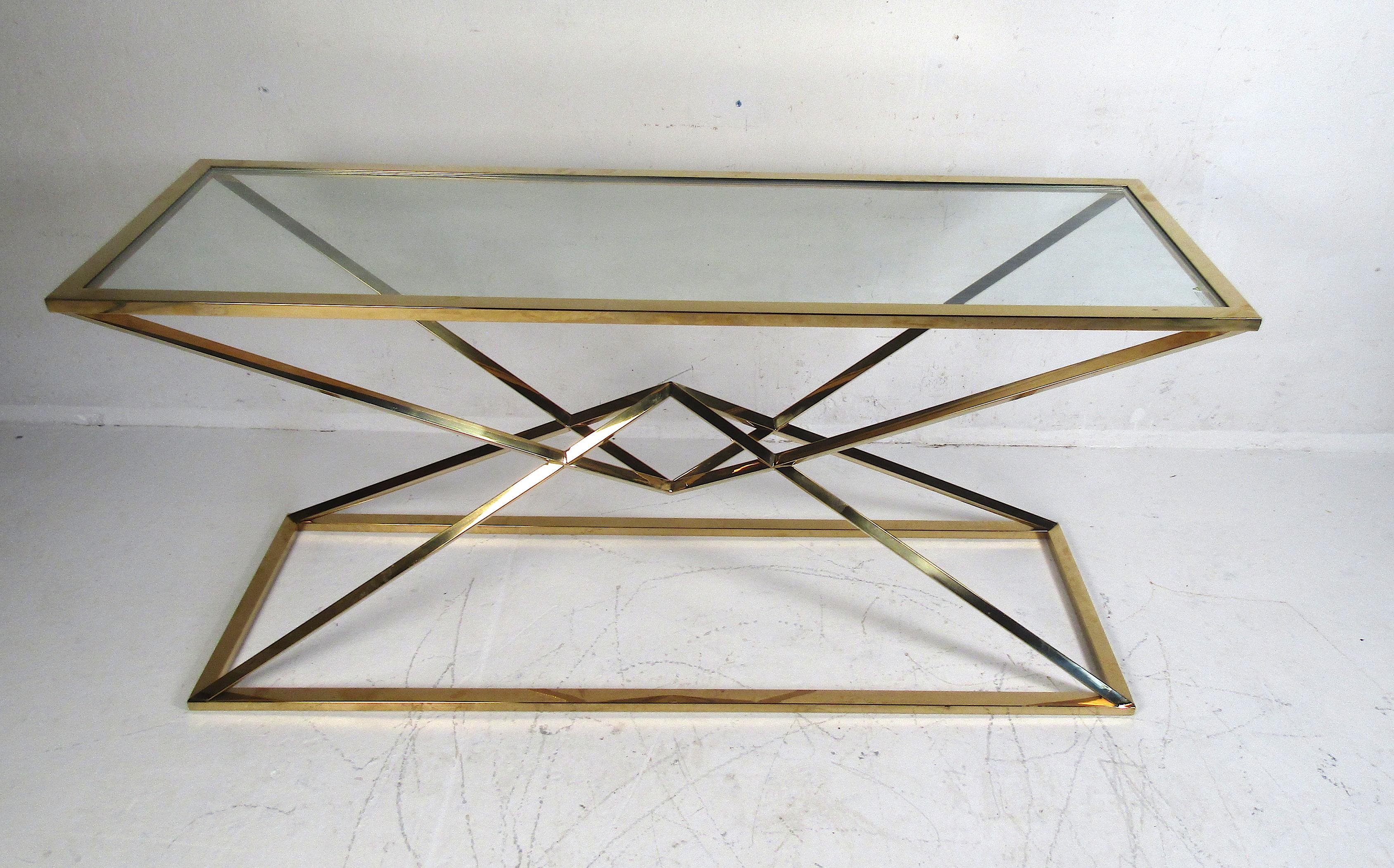 Mid-Century Modern Contemporary Modern Brass Console with Glass Tabletop