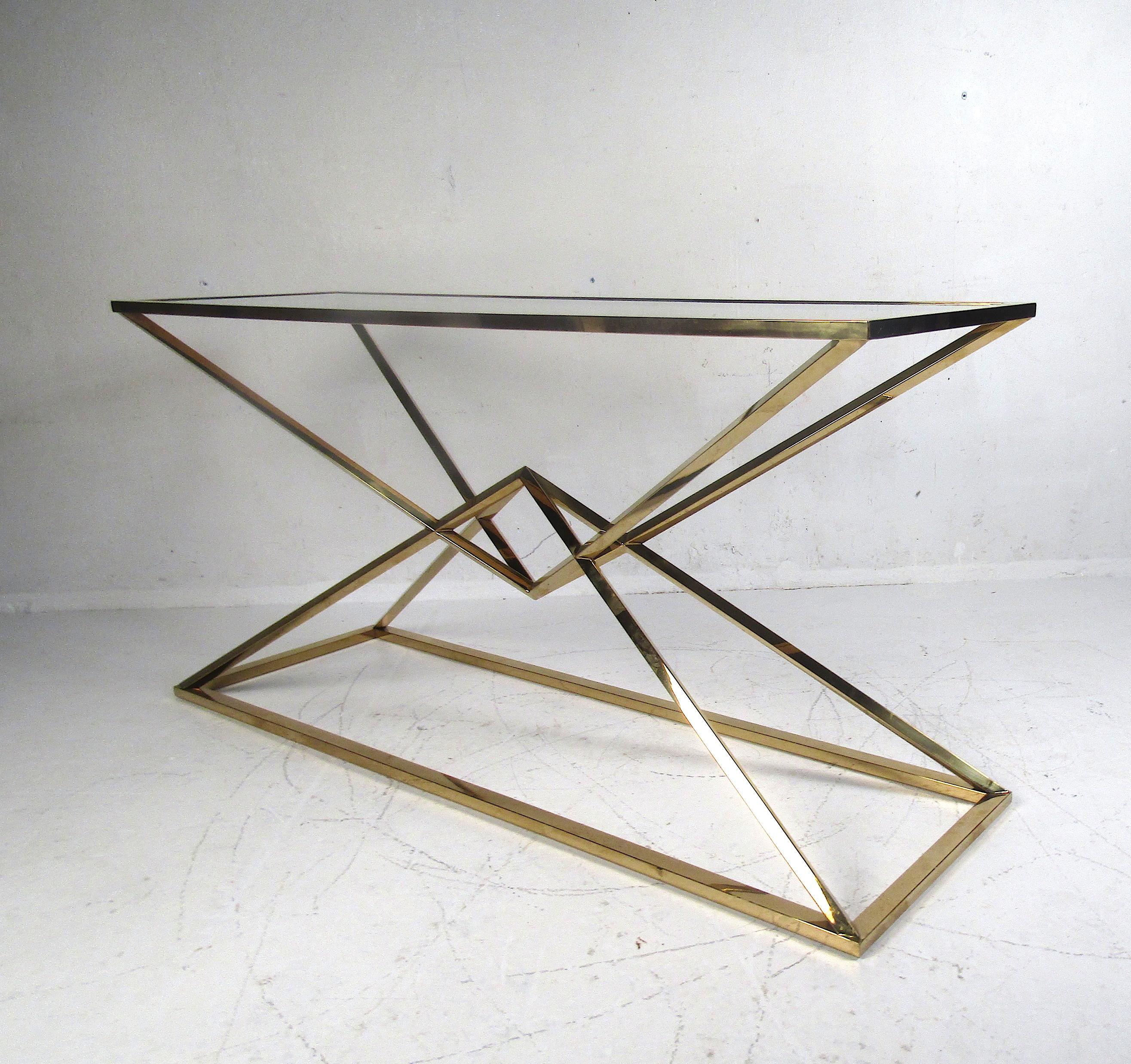 Plated Contemporary Modern Brass Console with Glass Tabletop
