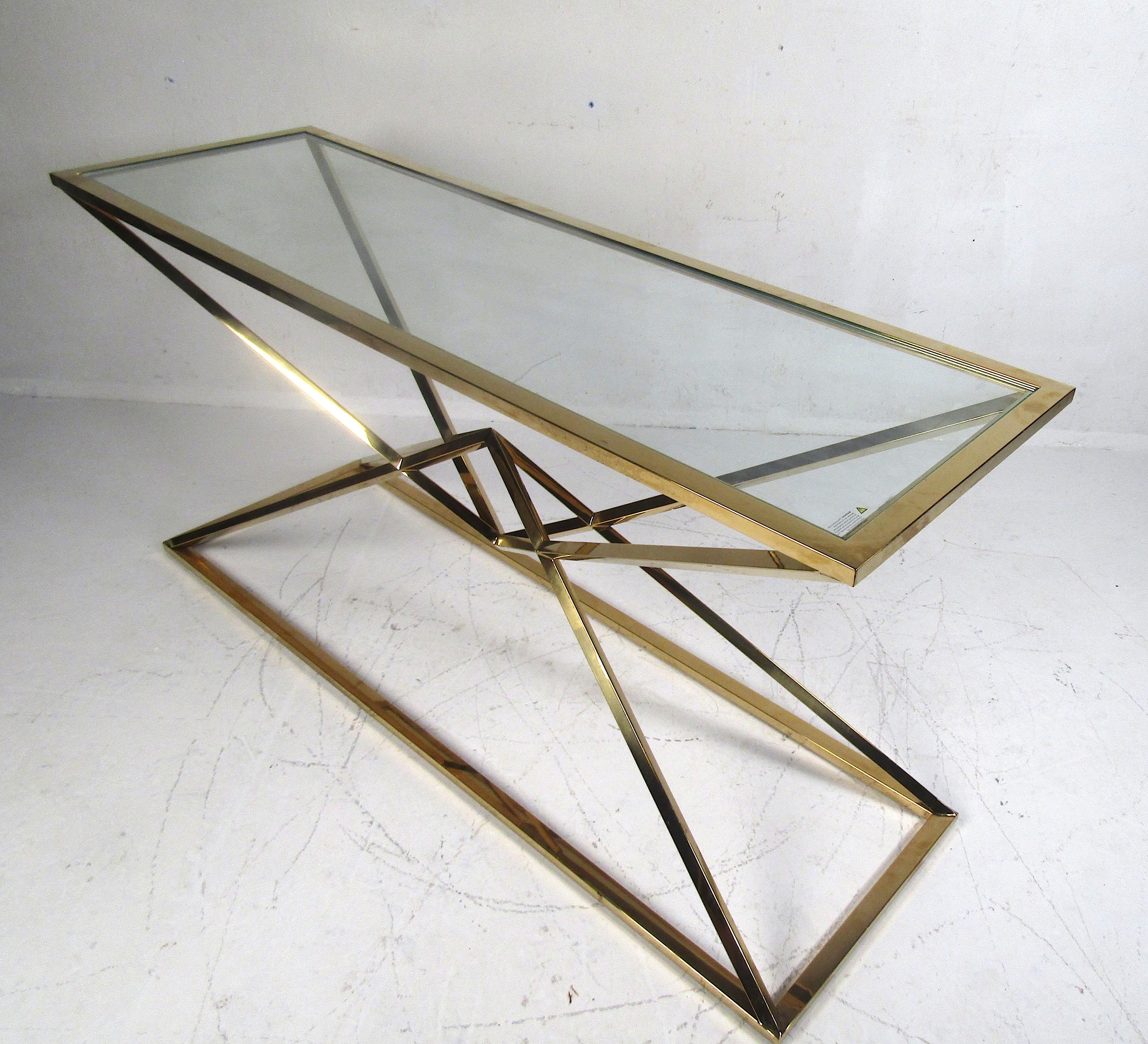 Contemporary Modern Brass Console with Glass Tabletop In Good Condition In Brooklyn, NY