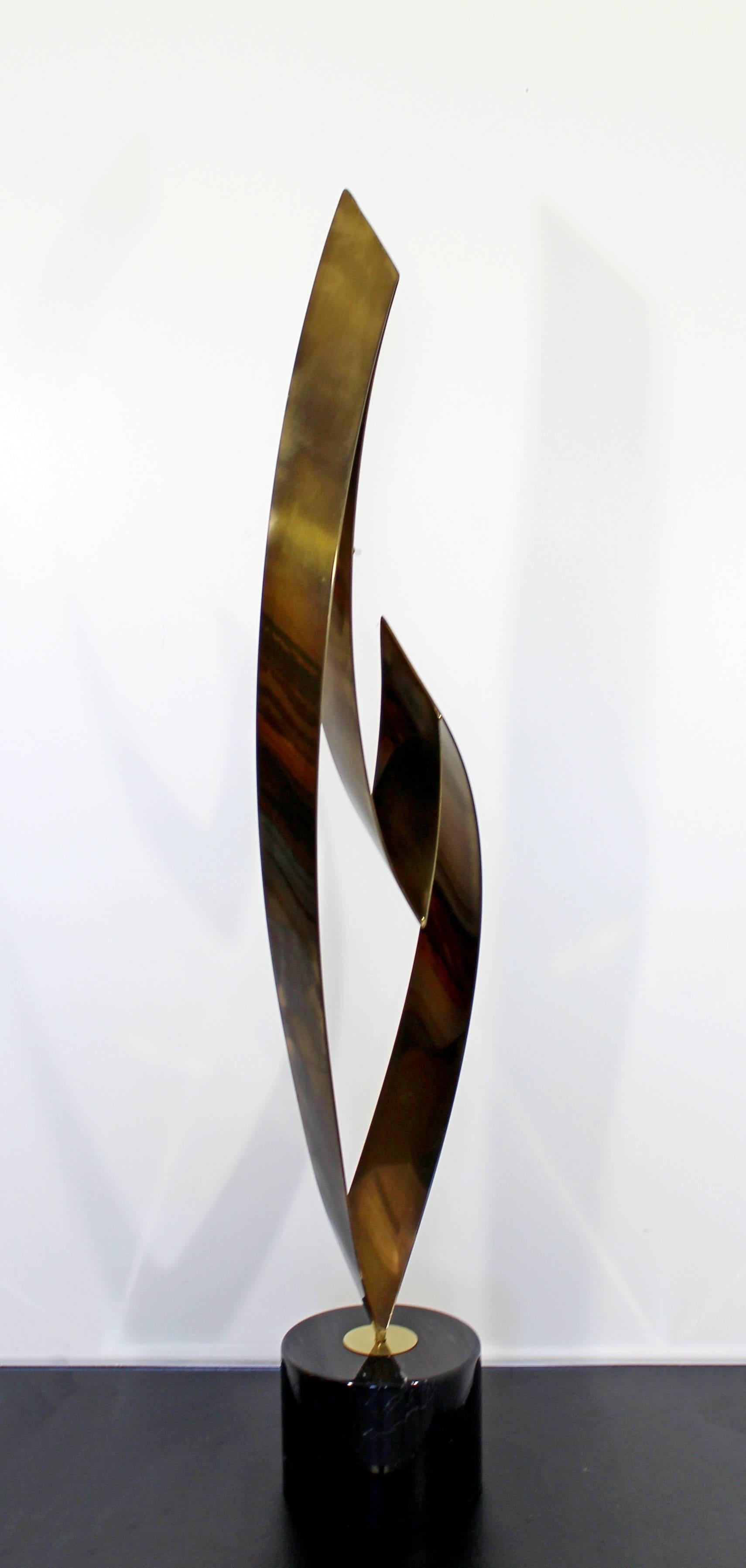Contemporary Modern Brass Ribbon Heart on Marble Table Sculpture C. Jere, 1980s 1