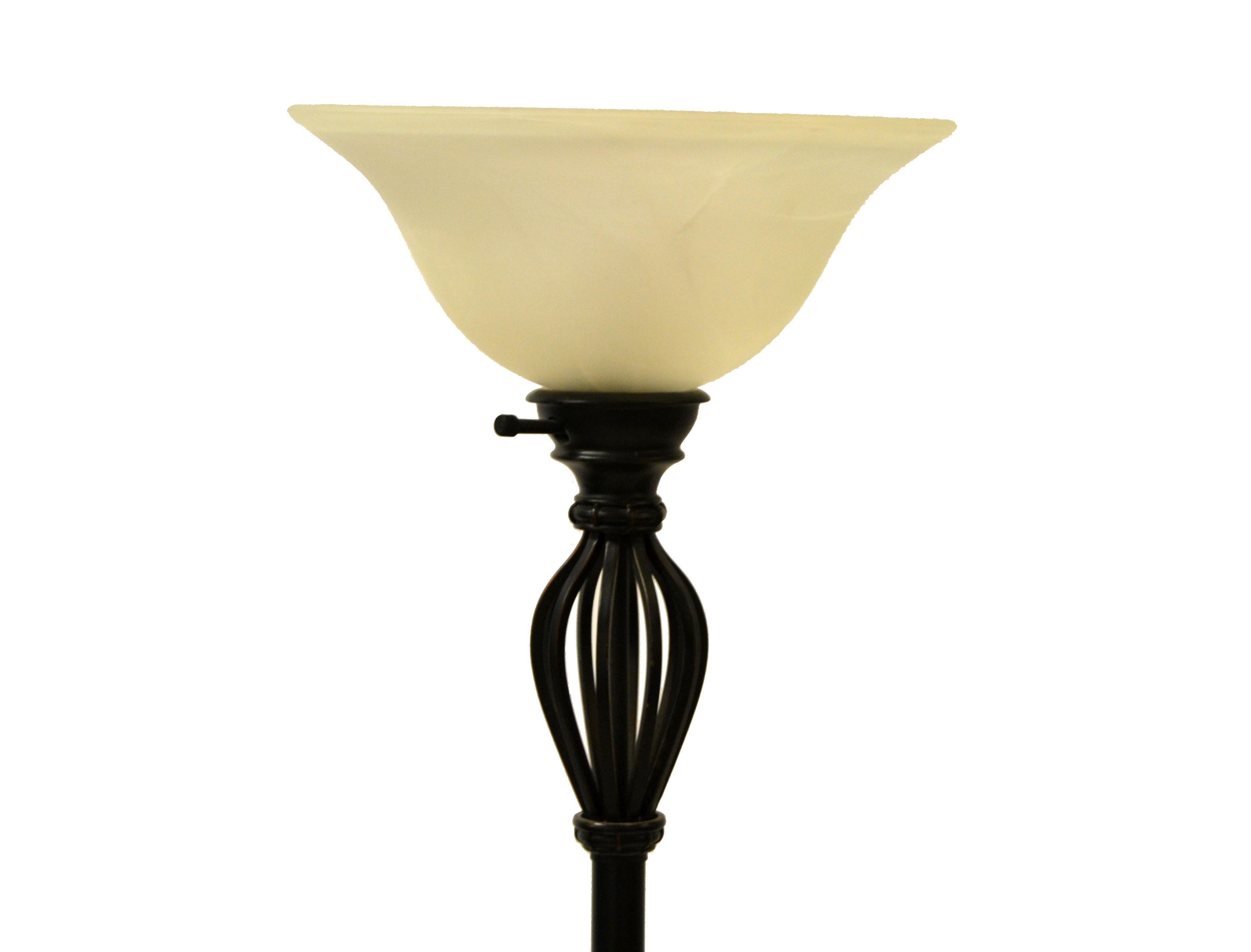 Tall Murano glass and wrought iron floor lamp in bronze color finish on a round base.
In perfect working condition and uses one light bulb with max 75 watts.
We use LED bulbs to protect the beauty of the blown Murano glass globe.
 
