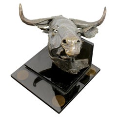 Vintage Contemporary Modern Bronze Steer Table Sculpture Signed Gordon Hipp Dated 1990s