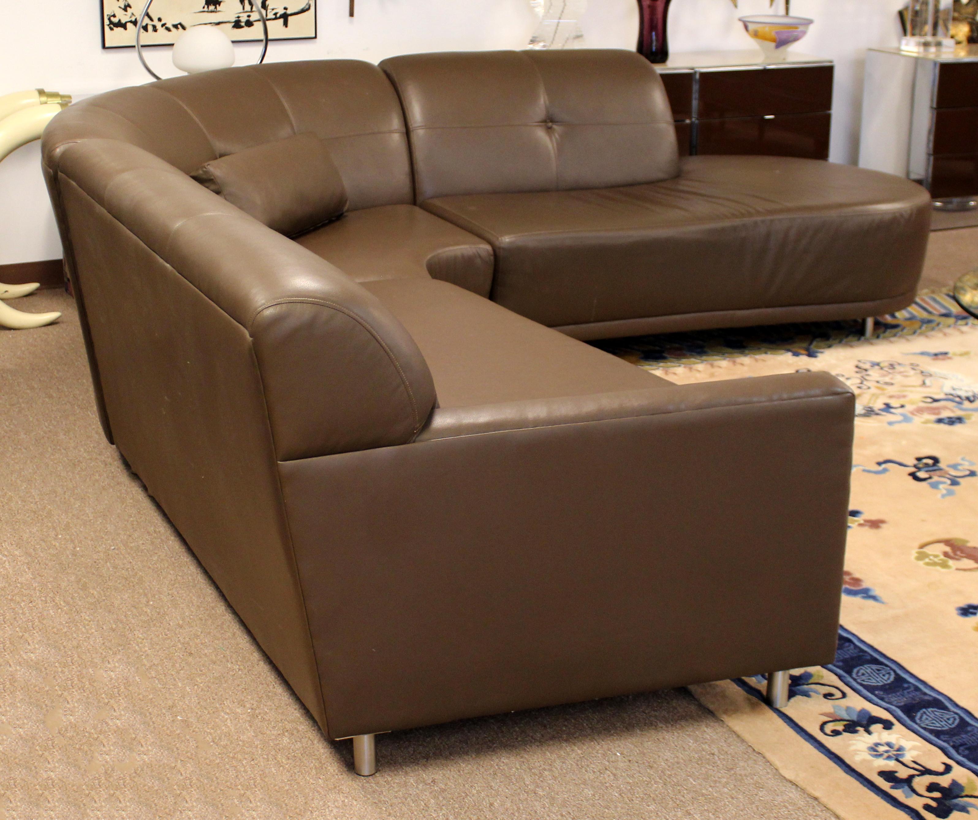 American Contemporary Modern Brown Leather 3 Pc Curved Sectional Sofa