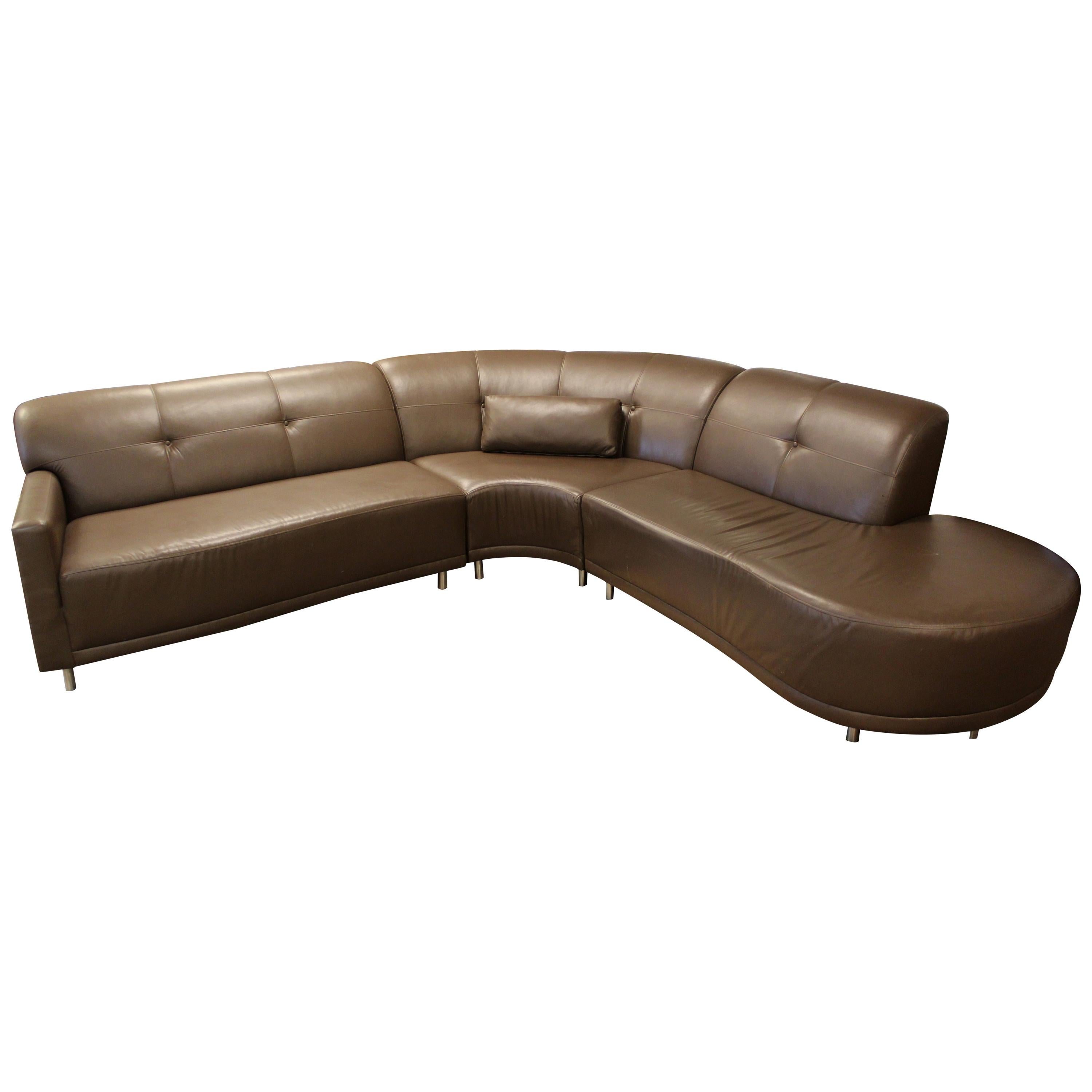 Contemporary Modern Brown Leather 3 Pc Curved Sectional Sofa
