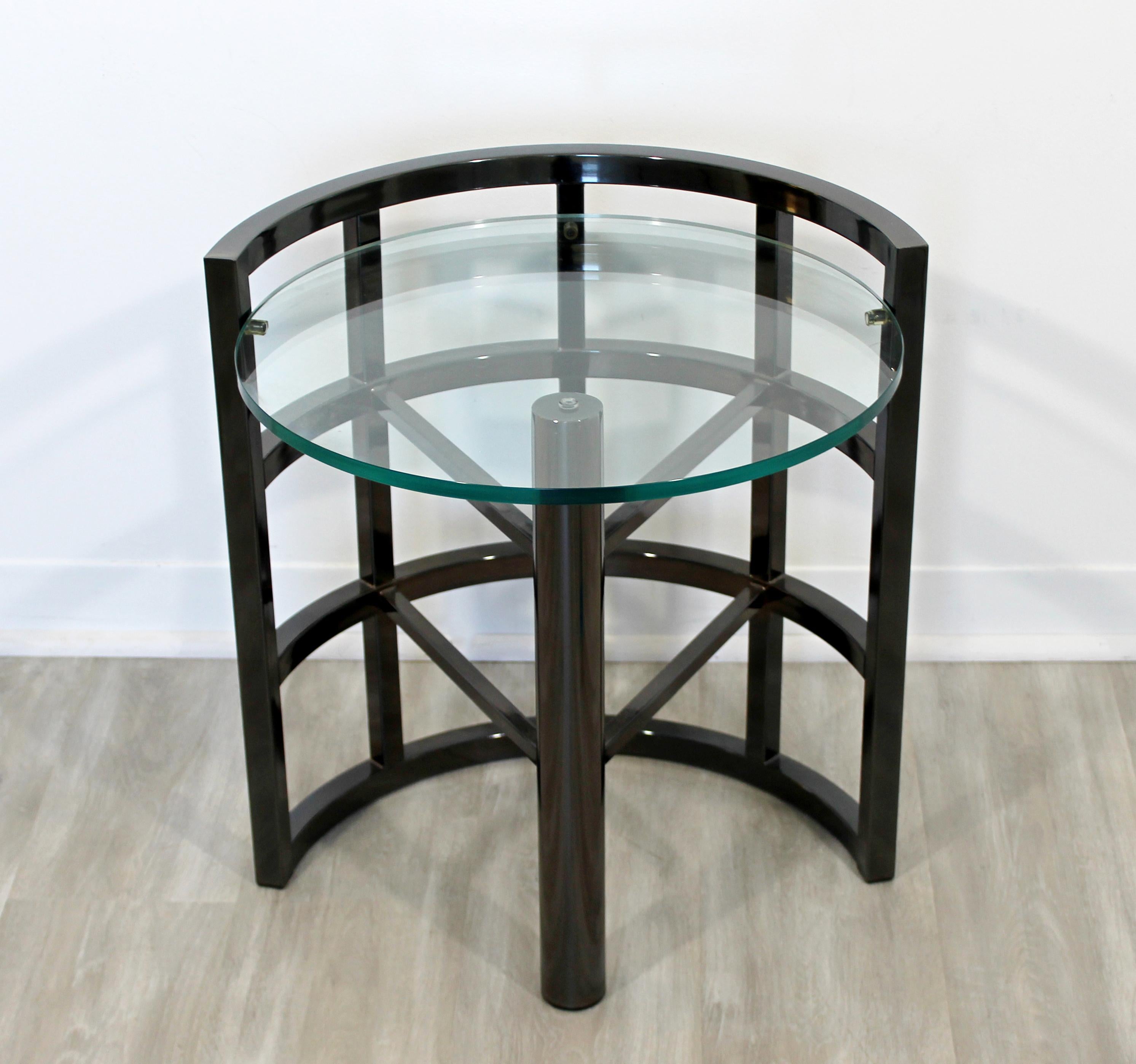 Late 20th Century Contemporary Modern Brueton Round Gunmetal Glass Side End Table Asymmetrical
