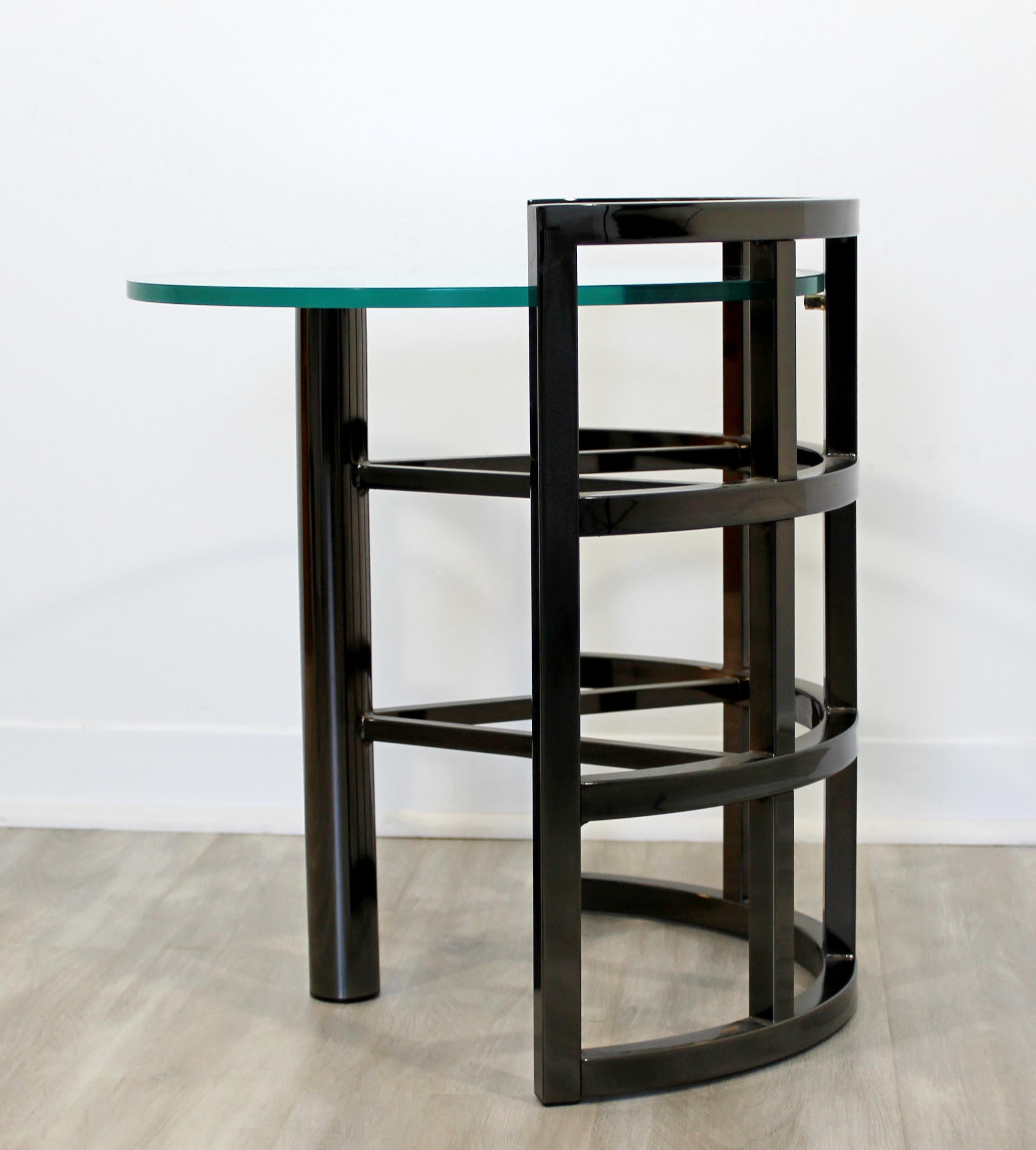 Metal Contemporary Modern Brueton Round Gunmetal Glass Side End Table Asymmetrical