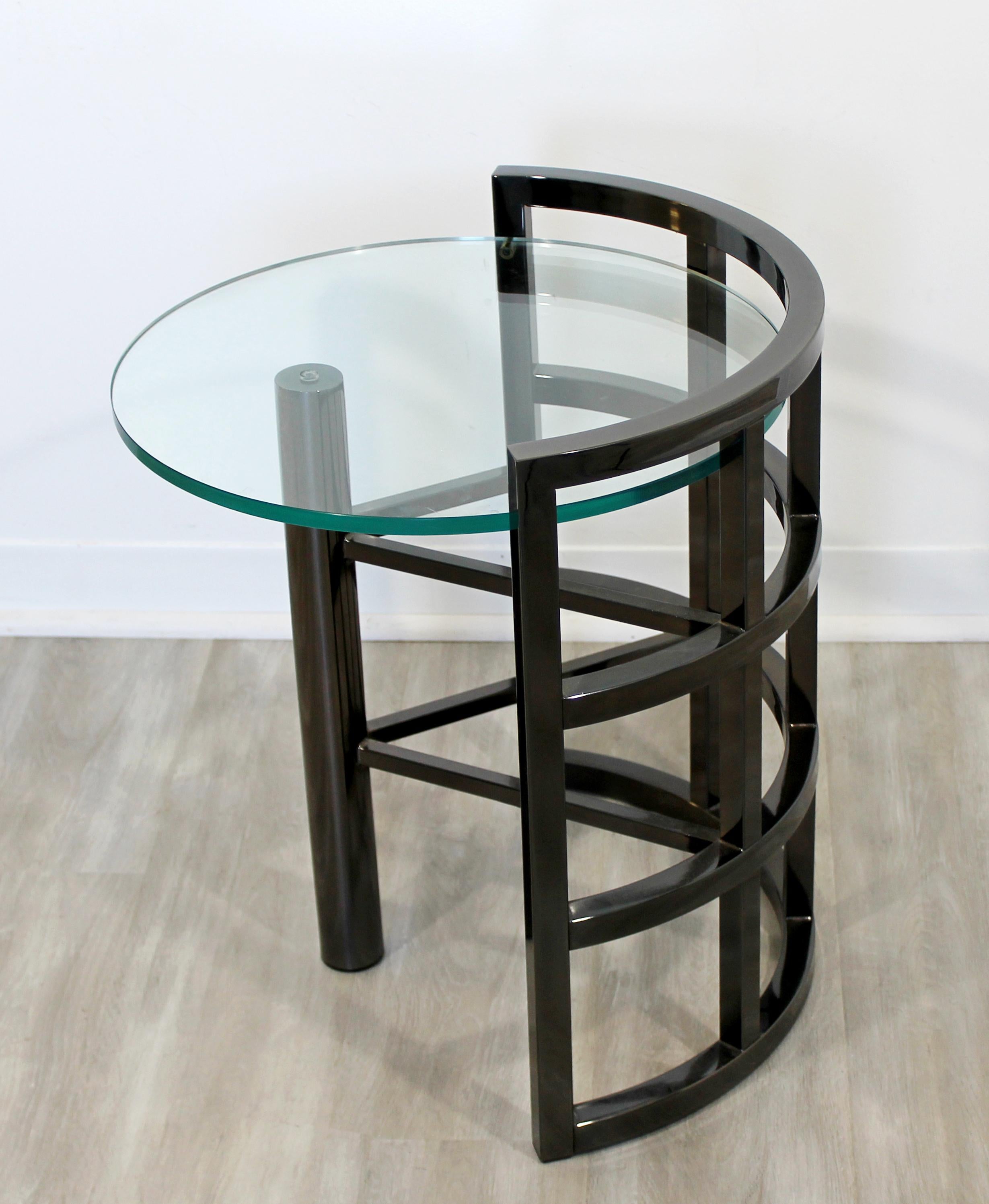 Contemporary Modern Brueton Round Gunmetal Glass Side End Table Asymmetrical 1