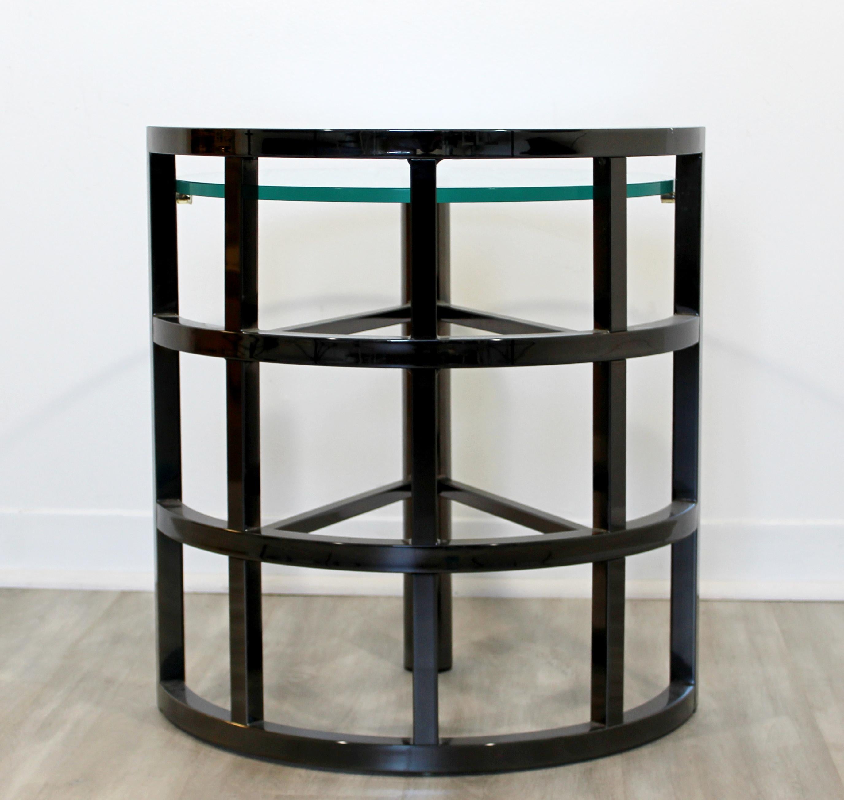 Contemporary Modern Brueton Round Gunmetal Glass Side End Table Asymmetrical 2