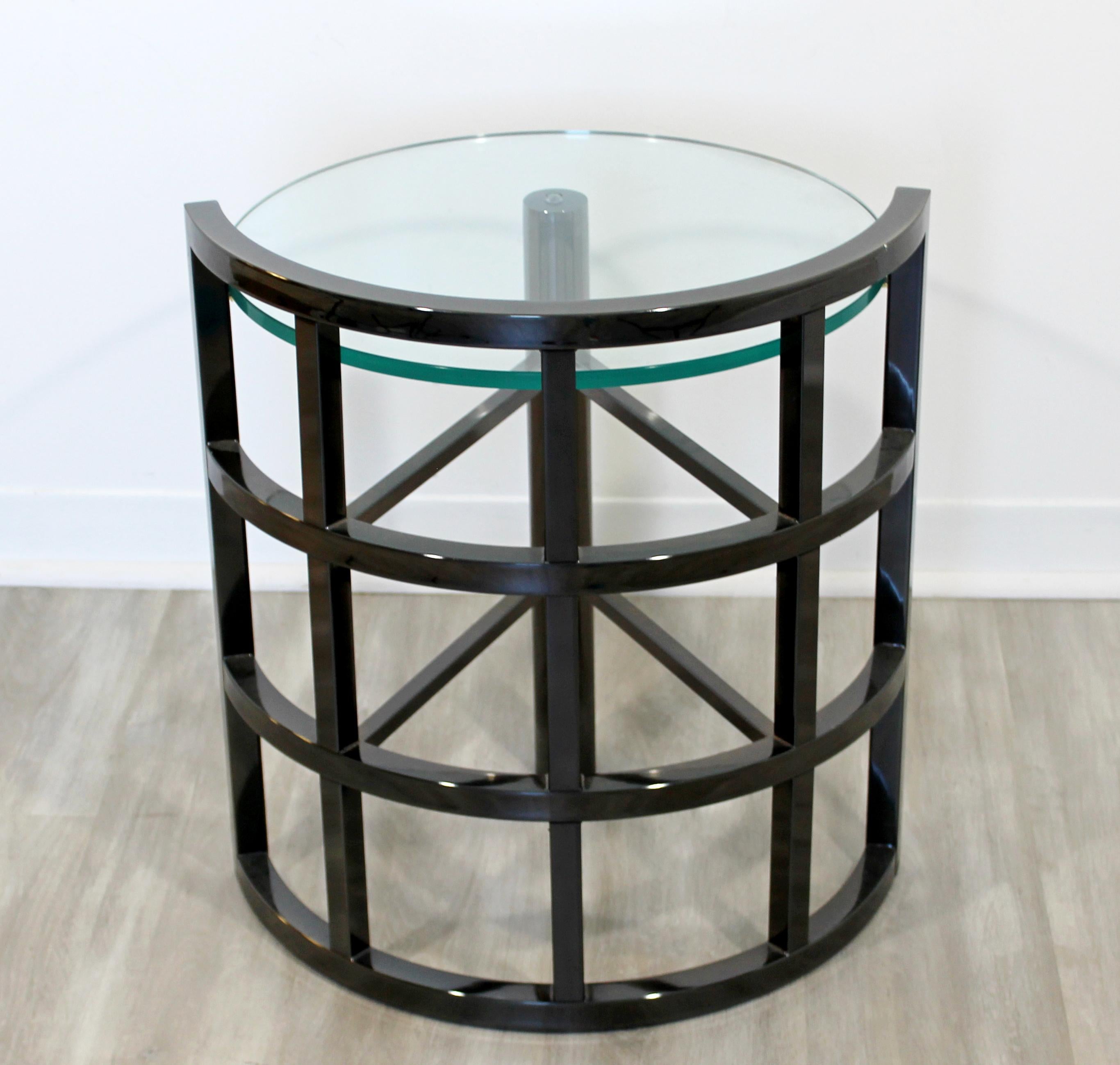 Contemporary Modern Brueton Round Gunmetal Glass Side End Table Asymmetrical 3