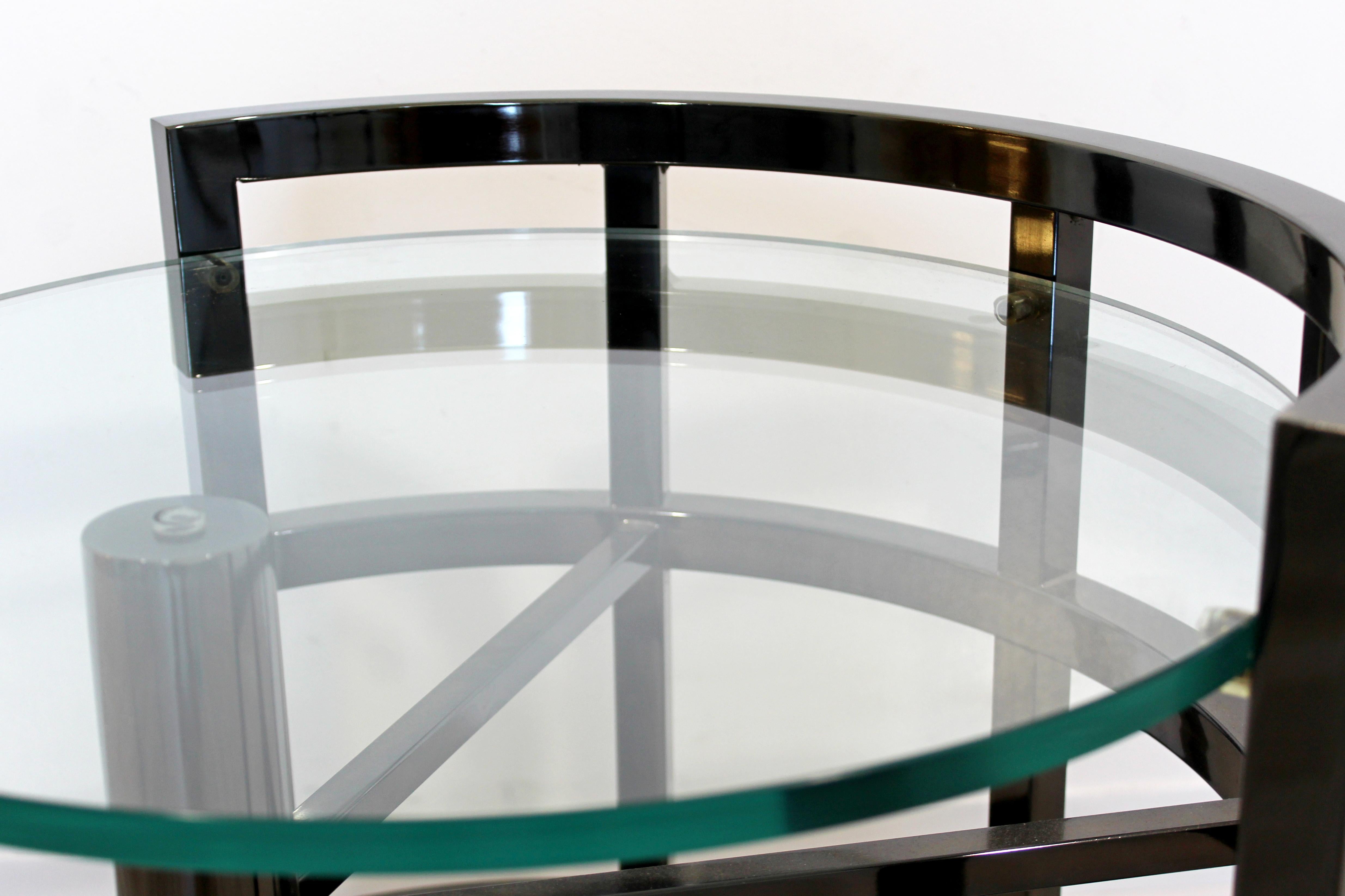 Contemporary Modern Brueton Round Gunmetal Glass Side End Table Asymmetrical 4