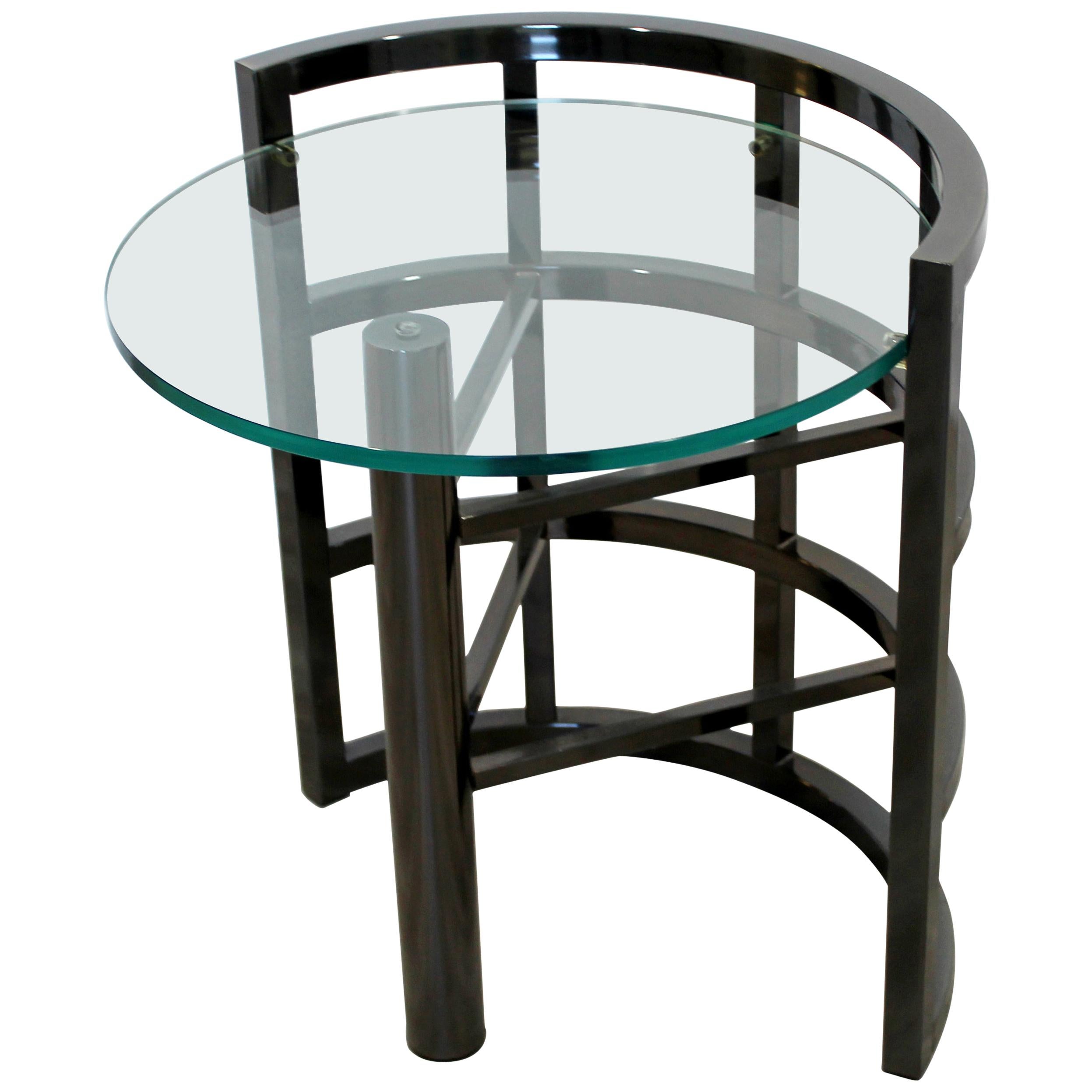 Contemporary Modern Brueton Round Gunmetal Glass Side End Table Asymmetrical