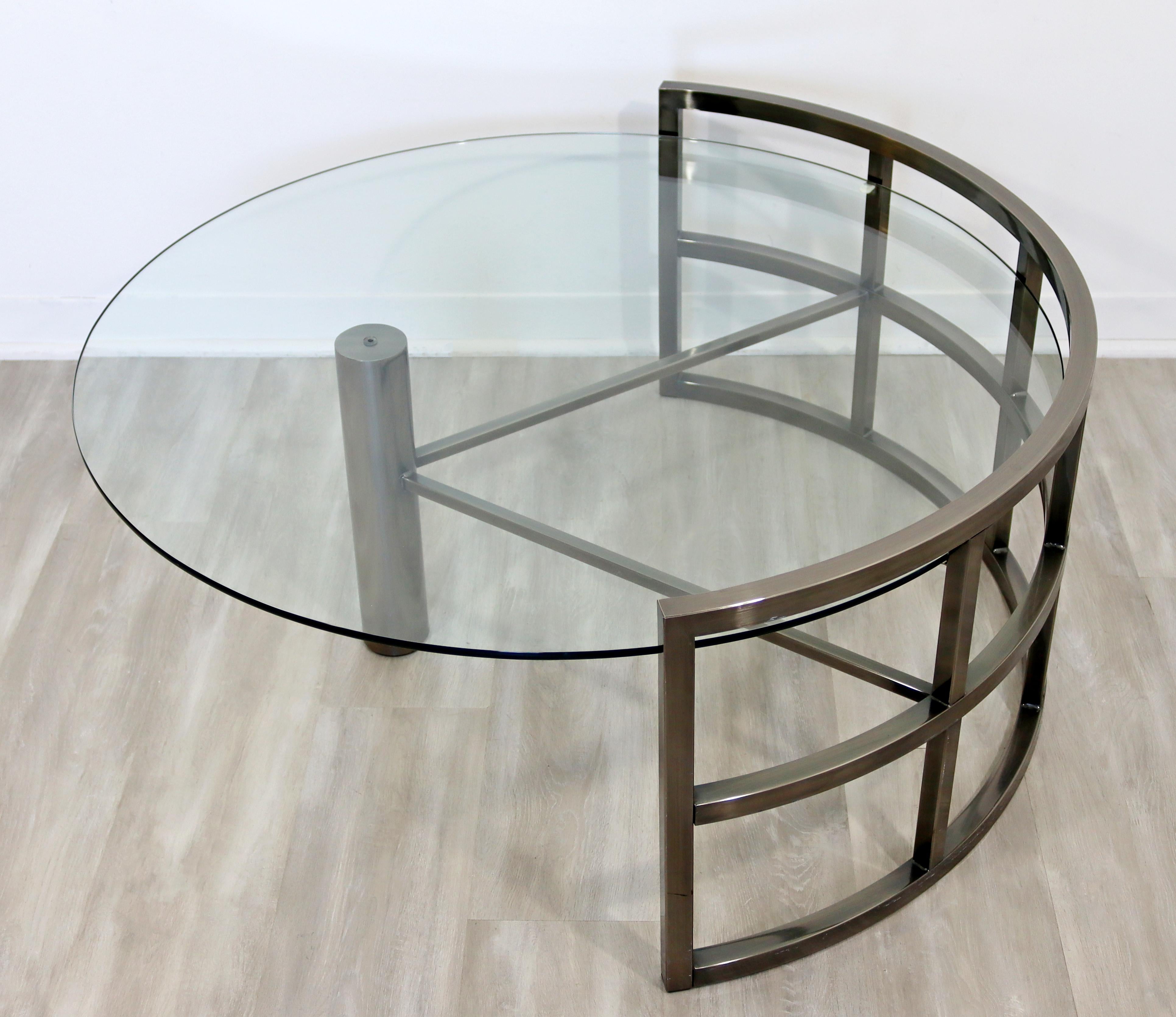 Metal Contemporary Modern Brueton Style Asymmetrical Glass Gunmetal Coffee Table 1980s