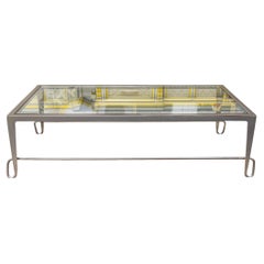 Contemporary Modern Brush Metal and Glass Rectangular Coffee Table