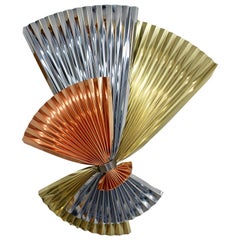 Vintage Contemporary Modern C Jere Signed Tri-Color Metal Fan Wall Sculpture, 1980s
