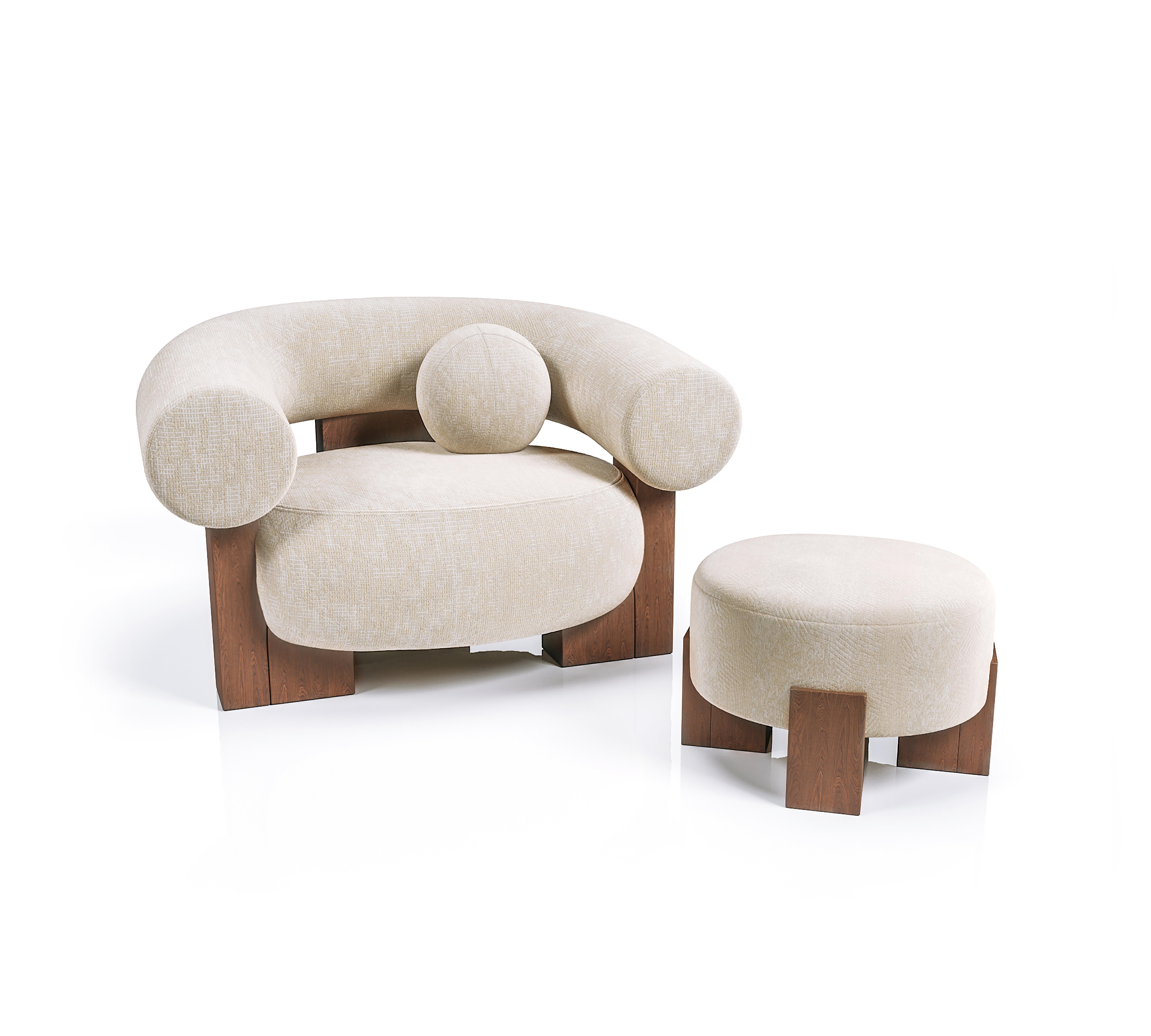 Contemporary Modern Cassete Puff in Boucle Fabric & Wood by Collector Studio For Sale 1